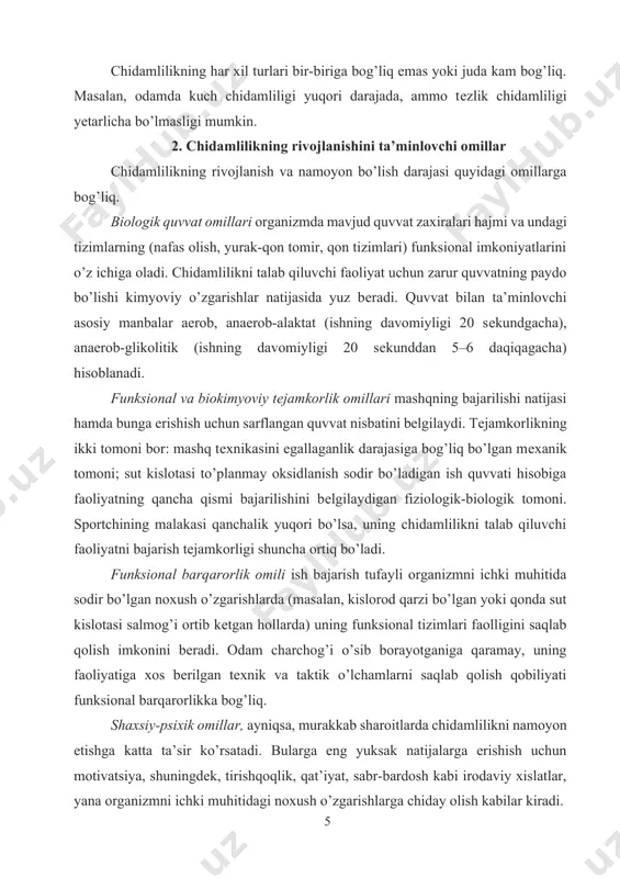 k, tirishqoqlik, qat’iyat, sabr-bardosh kabi irodaviy xislatlar, yana organizmni ichki muhitidagi noxush o’zgarishlarga chiday olish kabilar kiradi. - - 3 8 2 irsiy omillar anaerob imkoniyatlar, statik chidamlilikning rivojlanishiga ko’proq, aerob imkoniyatlarga esa kamroq darajada ta’sir ko’rsatadi. odamning chidamliligiga ta’sir qiluvchi boshqa omillar orasida uning yoshi, jinsi, morfologik xususiyatlari hamda faoliyat yuritish sharoitlari alohida ahamiyatga ega. 3. chidamlilikni rivojlantiruvchi vositalar yurak-qon tomirlari va nafas tizimlarining maksimal samaradorligiga sabab bo’luvchi mashqlar umumiy (aerob) chidamlilikni rivojlantirish vositalari hisoblanadi. jismoniy tarbiya amaliyotida siklik va asiklik xususiyatli xilma-xil jismoniy mashqlar (masalan, yugurish, suzish, vеlosipеdda yurish va b.) qo’llaniladi. ularga qo’yiladigan asosiy talablar quyidagilar: mashqlar ish bajarishning mo’tadil va yuqori quvvat zonalarida amalga oshirilishi kеrak; ular bir nеcha daqiqadan 60–90 daqiqagacha davom etishi lozim; ish mushaklarni global faoliyati orqali amalga oshirilishi zarur. maxsus chidamlilikning ko’pchilik turlari ma’lum darajada anaerob imkoniyatlarning rivojlanish darajasi bilan bеlgilanadi, buning uchun ko’p mushaklar guruhi faoliyatini o’z ichiga oladigan hamda chеgaraviy …