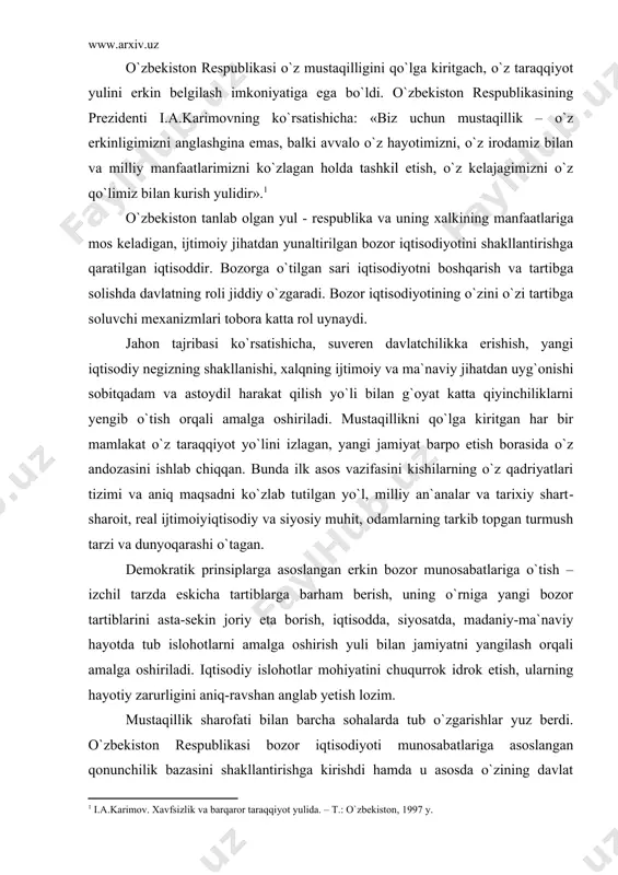 . demokratik prinsiplarga asoslangan erkin bozor munosabatlariga o`tish – izchil tarzda eskicha tartiblarga barham berish, uning o`rniga yangi bozor tartiblarini asta-sekin joriy eta borish, iqtisodda, siyosatda, madaniy-ma`naviy hayotda tub islohotlarni amalga oshirish yuli bilan jamiyatni yangilash orqali amalga oshiriladi. iqtisodiy islohotlar mohiyatini chuqurrok idrok etish, ularning hayotiy zarurligini aniq-ravshan anglab yetish lozim. mustaqillik sharofati bilan barcha sohalarda tub o`zgarishlar yuz berdi. o`zbekiston respublikasi bozor iqtisodiyoti munosabatlariga asoslangan qonunchilik bazasini shakllantirishga kirishdi hamda u asosda o`zining davlat tuzilishini qura boshladi. 1992 yil 8 dekabrda o`zbekiston respublikasi oliy kengashining o`n ikkinchi chaqiriq o`n birinchi sessiyasida o`zbekiston respublikasining asosiy qonuni bo`lgan - o`zbekiston respublikasi konstitutsiyasi qabul qilindi. o`zbekiston respublikasida konstitutsiya va uning asosida ishlab chiqilgan qonunlarning ustunligi o`rnatildi. mazkur konstitutsiyaviy normadan kelib chiqqan holda, barcha davlat organlari, mansabdor shaxslar, shuningdek, fukarolar amaldagi konuchilikka og`ishmay rioya qilishlari lozim. aks holda, jamiyat va davlat, oxir oqibat fukarolarning qonuniy manfaatlariga putur yetkazilishi mumkin. o`zbekiston respublikasi konstitutsiyasi …