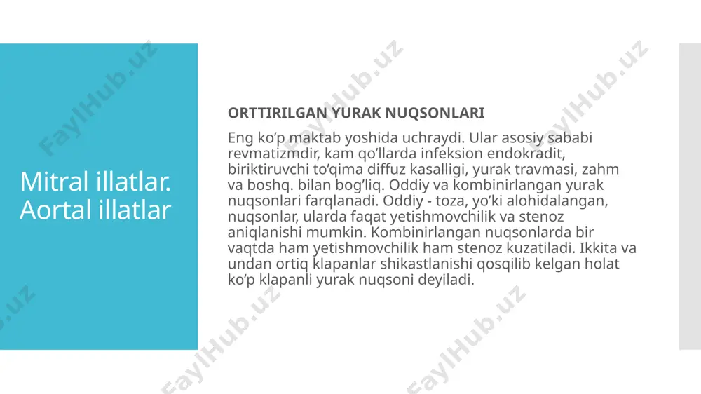 ertrofiyasi belgilari yo’q. keyinchalik chap bo’lmacha gipertrofiyasi kuzatiladi, so’ngra o’ng bo’limlar gipertrofiyasi ham. rentgenogrammada chap bo’lmachaning, qizilo’ngachni 6 sm li radius bo’yicha qiyshaytirgan holatda kengayishi va o’ng qorincha kengayishi ko’rinadi. yurak belchasining o’pka arteriyasi va chap bo’lmacha qul’qchasi bo’rtishi hisobiga tekislanganligi xosdir. shuningdek, o’pka gipertenziyasi belgilari: ildiz kengayishlari, ular qonturlari aniqligi, o’pka arteriyasi kengaygan qismlarining birdan uzilish belgilari (ildiz "amputasiyasi" simptomi), periferiyada rasm kamayishi, kamdan-kam hollarda kerli chiziqlari aniqlanadi. klinik manzarasi: kombinirlangan mitral nuqsonlar klinikasi stenoz yoki yetishmovchilik belgilariga bog’liq. stenoz ustunligi bo’lganda nuqson asosiy korinishi chap atrioventrikulyar teshik torayishiga bog’liq. yetishmovchilik ustunlikga ega mitral nuqsonda birinchi planga mitral etishmovchilikka xos simptomatika chiqadi. ko’pincha yetishmovchilik va stenoz birdek darajada rivojlangan bo’ladi, u holda stenoz yoki etishmovchilikning aniq ustunligi mitral nuqson haqida soz yuritiladi.davolash. mitral stenoz va kombinirlangan mitral nuqsonlar xirurgik yol bilan davolanadi. mitral stenozda komissurotomiya, kombinirlangan nuqsonlarda - protezlash yoki mitral klapan anuloplastikasi amalga oshiriladi. aortal illatlar aortal klapan …