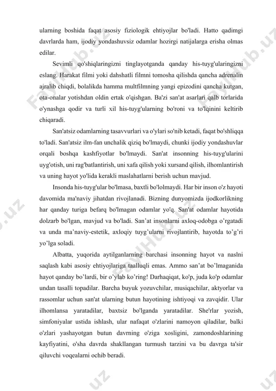 yozuvchilar, musiqachilar, aktyorlar va rassomlar uchun san'at ularning butun hayotining ishtiyoqi va zavqidir. ular ilhomlansa yaratadilar, baxtsiz bo'lganda yaratadilar. she'rlar yozish, simfoniyalar ustida ishlash, ular nafaqat o'zlarini namoyon qiladilar, balki o'zlari yashayotgan butun davrning o'ziga xosligini, zamondoshlarining kayfiyatini, o'sha davrda shakllangan turmush tarzini va bu davrga ta'sir qiluvchi voqealarni ochib beradi. san'atning inson hayotidagi o'rnini e'tiborsiz qoldirmaslik kerak. ushbu faoliyat sohasi hech qachon o'z ahamiyatini yo'qotmaydi. har bir san'at xodimi uchun bu ishtiyoq va butun hayotdir. butun insoniyat uchun san'at ijod yodgorliklarini asrab-avaylash, taraqqiyot yo'liga kirishish va butun sayyoramiz aholisida axloqiy, hissiy va estetik tarkibiy qismlarni tarbiyalashda katta foyda keltiradi. 1.o’zbek kino san’atining yaralish tarixi va uning rivojiga hissa qo’shgan san’atkorlar. kino sanʼati - kinematografiyaning texnik vositalar asosida shakllangan badiiy ijod turi; ekran sanʼatining muhim tarkibiy qismi; real borliqni aynan yoki badiiy-hujjatli obrazlar, multiplikatsiya vositalari yordamida suratga olish; kinofilmlarning omma orasida keng tarqalishi uchun xizmat qiladigan televideniya, videokasseta va videodisklarni …