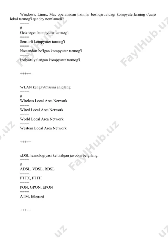 === # simulation ==== realtime ==== emulation ==== connection +++++ … - belgilangan tarmoq qoidalari asosida tarmoq orqali o'tuvchi tarmoq trafigini kuzatuvchi va filtrlaydigan kompyuter tarmog'ining dasturiy ta'minoti yoki apparat-dasturiy ta'minot elementi. ==== # tarmoqlararo ekran ==== tarmoq ko'prigi ==== kommutator ==== sensor tarmoq +++++ …- ma`lumotlar almashinuvi qoidalari va formatlari to`plami. ==== # tarmoq protokoli ==== kolliziya ==== ma`lumot uzatish muhiti ==== protokollar steki +++++ ruxsatsiz kirishlarni aniqlash tizimini ko'rsating ==== # ids ==== vps ==== ipsec ==== vpn +++++ lokal xisoblash tarmoqlarining ma’lumotlar almashinish muxiti qanday turlarga bo`linadi? ==== # barcha javoblar to`g`ri ==== koaksial va optik tolali kabellar ==== ikkita simni bir-bir atrofida o`rash natijasida xosil qilingan kabel (vitaya para) ==== simsiz aloqa kanali +++++ "line vty" kodi qaysi protokolda ishlatiladi ==== # telnet ==== dhcp ==== http ==== tcp/ip +++++ "protokol modeli" to'g'ri ta'rifi bilan javobni tanlang: ==== # protokol modeli tarmoqning ishlashini dispersli ob'ektlar va …