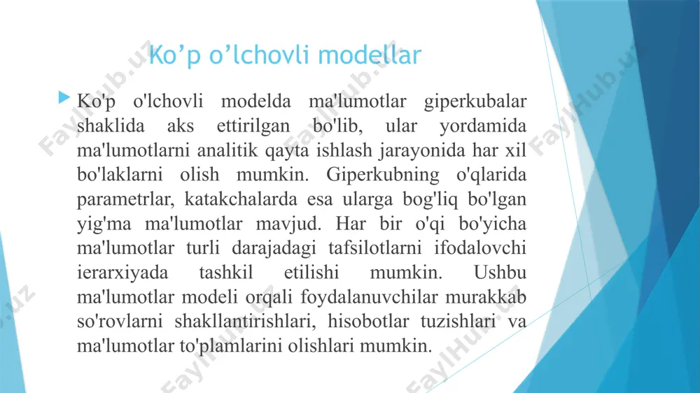 erishish kerak. 3. mavjudlik. olap tahlilchisi foydalanuvchisi nisbiy ma'lumotlar bazasida korxona miqyosidagi ma'lumotlarni, shuningdek, eski meros bazalari ma'lumotlarini, umumiy foydalanish usullarini va umumiy analitik modelni o'z ichiga olgan umumiy kontseptual sxema bo'yicha tahlillarni amalga oshirishi kerak. bu olap turli xil ma'lumotlar bazasi muhitida kirish uchun o'z mantig'ini taqdim etishi va foydalanuvchiga ma'lumotlarni taqdim etish uchun tegishli o'zgarishlarni amalga oshirishi kerakligini anglatadi. bundan tashqari, qayerda, qanday qilib va \u200b\u200bjismoniy ma'lumotlarni tashkillashtirishning qaysi turlaridan foydalanish to'g'risida oldindan ehtiyot bo'lish kerak. olap tizimi faqat zarur bo'lgan ma'lumotlarga kirish huquqiga ega bo'lishi kerak va keraksiz kiritishni talab qiladigan oshxona huni tamoyiliga amal qilmasligi kerak. 4. hisobotlarni ishlab chiqishda izchil samaradorlik. agar o'lchamlarning soni yoki ma'lumotlar bazasining hajmi o'ssa, tahlilchi foydalanuvchisi ishlashda biron bir sezilarli buzilishni sezmasligi kerak. uzluksiz ishlash oxirgi foydalanuvchini foydalanish qulayligi va olap murakkabligini cheklash uchun qo'llab-quvvatlash uchun juda muhimdir. agar foydalanuvchi tahlilchisi o'lchovlar soniga qarab ishlashda sezilarli farqlarga duch kelsa, u …