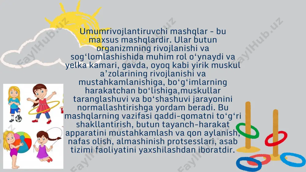 k. sakrash yengil va erkin, oyoq uchida, shovqinsiz qo’nish bilan bajariladi. 11.tasmada siltashlar. bu mashqlarda tasma bilan mashq bajarish texnikasi to’g’ri-to’g’rimasligi aniq ko’rinadi. siltashlar turli o’qlar va yo’nalishlarda, bir tekis va erkin harakat bilan bajariladi. panja qo’lning davomi hisoblanadi. tasma yo’nalishni o’zgartirishda panja unga keskin emas balki, asta sekin, bir tekis etib olishi kerak bo’lmasa lenta chuvalashib ketishi mumkin. gavda va bosh tasmaning uchishini kuzatib yoyning to’g’riligiga to’g’ri o’q bo’ylab uchayotganiga ahamiyat beradi. 12.tasma bilan aylanalar. siltash singari aylanalarni bajarishda tayoqcha ushlab turgan panja doim qo’lning davomi bo’lishi kerak. aylantirish radiusiga qarab aylanalar katta, o’rtacha va kichik bo’lishi mumkin. katta aylana yelka bo’g’ini, o’rtacha aylana – bilak va kichik aylana – panja bo’g’ini harakati bilan bajariladi. katta aylanada yelka bo’g’inidagi harakat amplitudasi maksimal bo’lishi kerak, chunki uning qisqarishi tasmaning tekis uchishini buzilishiga olib keladi. foydalanilgan adabiyotlar 1. maktabgacha yoshdagi bolalarning rivojlanishiga qo’yiladigan talablar. davlat talablarit.2011y. 2. k.m.mahkamjonov maktabgacha ta’lim muassasalarida …
