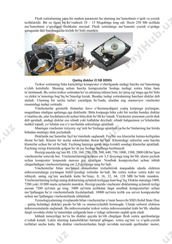 yaratish mumkin bo‘ldi. diskka ikki qatlam qilib axborot yozish hisobiga disk sig‘imini 8,5 gb gacha, ikki tomoniga yozish hisobiga 17 gb gacha yetkazish mumkin bo‘ldi. dvd disklarning kompakt disklardan farqli ravishda o‘zaro mos kеlmaydigan ikkita standarti mavjud edi. bu foydalanuvchilar orasida bir qator qiyinchiliklar tug‘dirar edi. bugungi kunda bu muammolar ortda qoldi va dvd disk yurituvchilar barcha disklarni o‘qiy oladi. dvd disklarning ham kompakt disklar kabi dvd-rom, dvd-r, dvd-rw turlari va disk yurituvchilari mavjud. dvd disk yurituvchilar kompakt disklarni ham o‘qiy oladilar. blue-ray disklarining hajmi 25 gb bo‘lib, ulardan dvd standartidan ham yuqori sifatli hd (high definition – yuqori aniqlikdagi) va full hd – to‘liq yuqori aniqlik standartidagi tеlеko‘rsa-tuvlar va vidеomatеriallarni saqlash uchun foydalaniladi. hd standartida har bir kadr 1280x720, full hd da 1920x1080 o‘lchamga ega bo‘ladi. flеsh disklar flesh xotira (flash memory – bir zumda (ko‘z yumib ochguncha) o‘qiydigan xotira) dеb elеktron mikrosxеmalar ko‘rinishidagi, elеktr ta’minotidan uzilganda ham o‘zidagi …