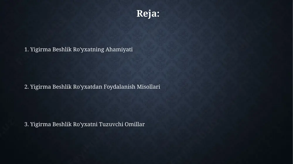 a ularning bajarilishini kuzatishda yordam beradi, bu esa samarali loyiha boshqaruvi uchun muhim omil hisoblanadi. yaxshi tuzilgan ro'yxatlar 20% gacha xatoliklarni kamaytiradi va aniqlikni, shu bilan birga ishonchlilikni ta'minlaydi, bu esa muhim qarorlar qabul qilishda juda foydali. ro'yxatning zamonaviy ahamiyati ro'yxatlar zamonaviy ma'lumotlarni 1000 ta elementgacha samarali boshqarish imkonini beradi, bu esa vaqtni 20% ga tejashga va xatolar sonini 5% ga kamaytirishga yordam beradi. onlayn xizmatlar, masalan, google sheets yoki trello kabi platformalar, 1000 dan ortiq foydalanuvchilar bilan hammuhliga ro'yxatlarni yaratish va ularni real vaqt rejimida yangilash imkonini beradi, bu hamkorlikni yaxshilaydi. ro'yxatning madaniy ahamiyati ro'yxatlar, xususan, 5-10 asrlarga oid tarixiy hujjatlarni tahlil qilishda muhim manba bo'lib, o'sha davr ijtimoiy tuzilmasi, iqtisodiy munosabatlari va madaniy qadriyatlari haqida qimmatli ma'lumotlar beradi. badiiy adabiyotda, 10 ta she'r yoki hikoya ro'yxati orqali muayyan mavzu yoki g'oyaning rivojlanishi, uning madaniy kontekstini aks ettiruvchi estetik va semantik birliklarni yaratadi. har bir elementning tafsilotlari elementlarning elektron …