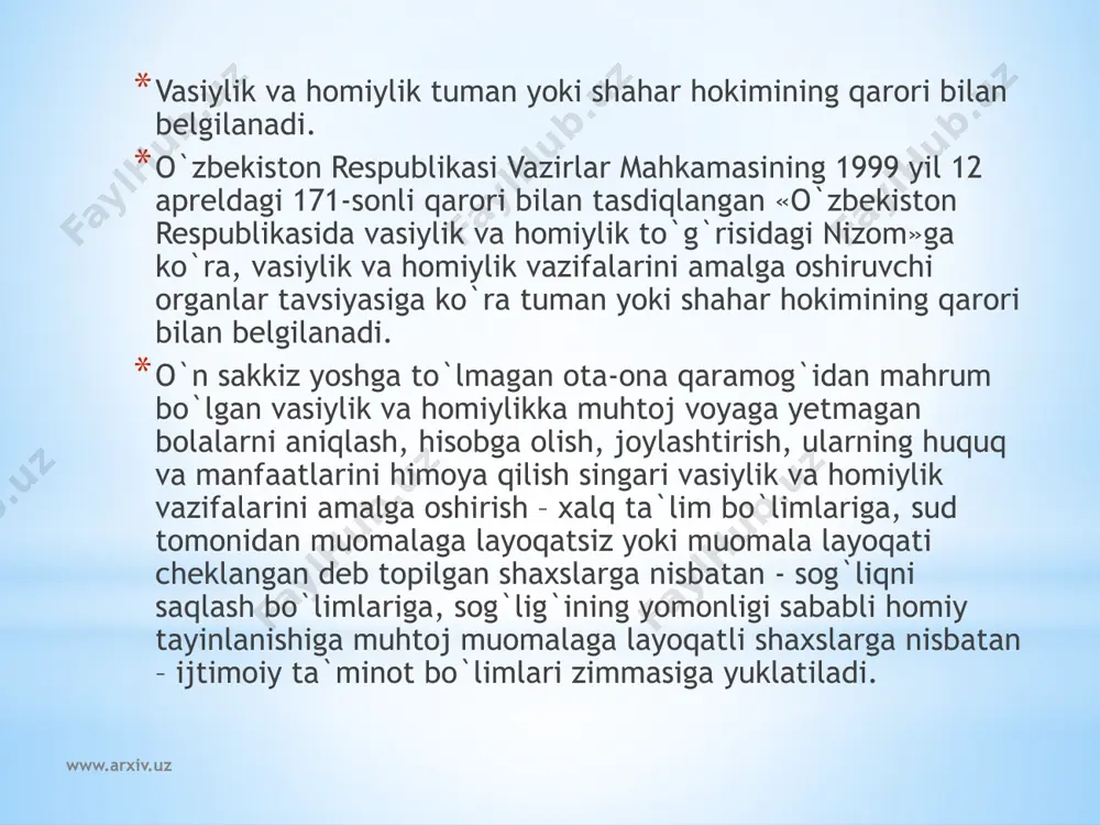 tarilganda; qonunda belgilangan tartibda muomalaga layoqatsiz deb topilganlar uchun – ularning muomala layoqati sud tomonidan taqiqlangan taqdirda tugaydi. www.arxiv.uz voyaga yetmagan bola o`n to`rt yoshga to`lganligi sababli vasiylik tugaganida vasiy vazifasini bajaruvchi shaxs maxsus tayinlanmasdan voyaga yetmagan shaxsning homiysi bo`lib qoladi. homiylik quyidagi hollarda tugaydi: homiy yoki homiylikdagi shaxs vafot etganida; homiylikdagi shaxs voyaga yetganda; homiylikdagi shaxs ota-onasiga qaytarilganida; homiylikdagi shaxs nikohga kirganda; voyaga yetmagan shaxs to`la muomalaga layoqatli deb e`lon qilinganda (emansipatsiya); fuqaroning muomala layoqatini cheklash haqidagi sudning hal qiluv qarori bekor qilinganda; homiylikdagi voyaga yetgan shaxsning sog`lig`i yaxshilanganligi tufayli u mustaqil ravishda o`z huquqlarini amalga oshirish va majburiyatlarini bajarish imkoniyatiga ega bo`lganda tugaydi. www.arxiv.uz ota-ona qaramog`idan mahrum bo`lgan voyaga yetmagan bolalar, shu jumladan tarbiya va davolash muassasalarida, shuningdek, aholini ijtimoiy himoyalash muassasalaridagi bolalar oilaga tarbiyaga beriladi. www.arxiv.uz image1.jpeg image2.jpeg image3.jpeg