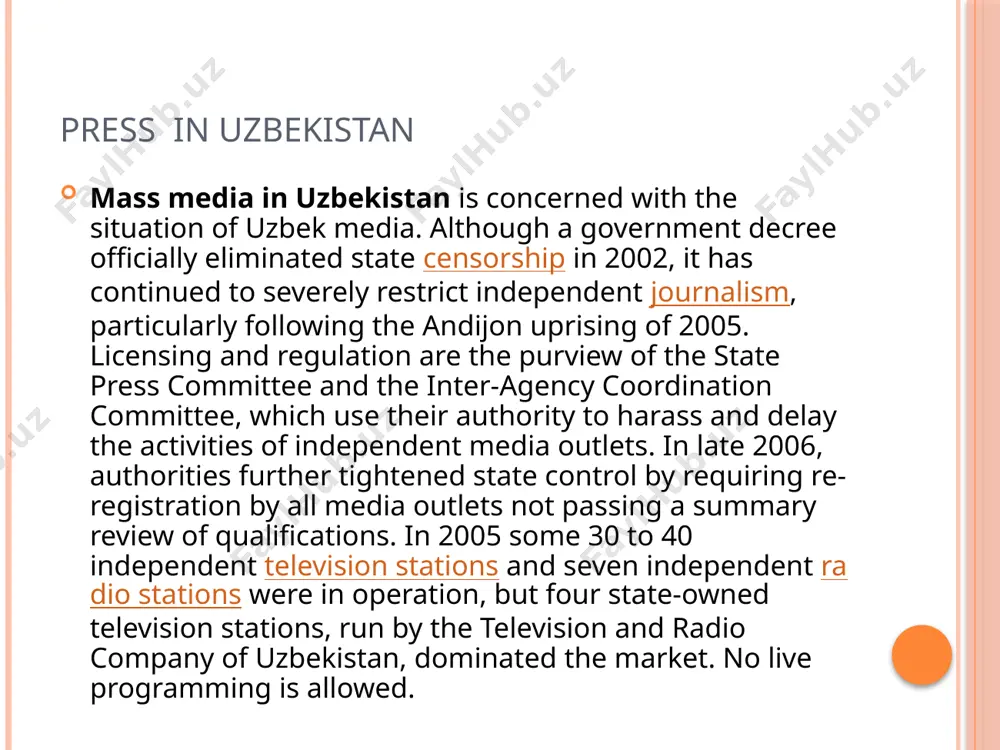 authorities but a few independent voices are still reporting from inside uzbekistan. the uznews.net news website has been operational since 2006 and is one of the few sources that still has a network of journalists on the ground reporting on day-to-day events in uzbekistan.[2] journalism in uzbekistan is a dangerous profession with a number of reporters imprisoned for simply doing their jobs. uzbekistan is the leading jailer of journalists in the region. as of 2011 there were eleven journalists behind bars in uzbekistan.[3] television in uzbekistan was first introduced in 1956 when uzbek ssr was part of the soviet union. the first national television channel was oʻzbekiston, which was introduced during beginning transmission of uzbekistan. colour television was also introduced in the 1970s. back then, oʻzbekiston was the only tv channel, and it broadcast several times a day. uzbekistan's first private television channel stv, started broadcasting on 15 may 1991. …