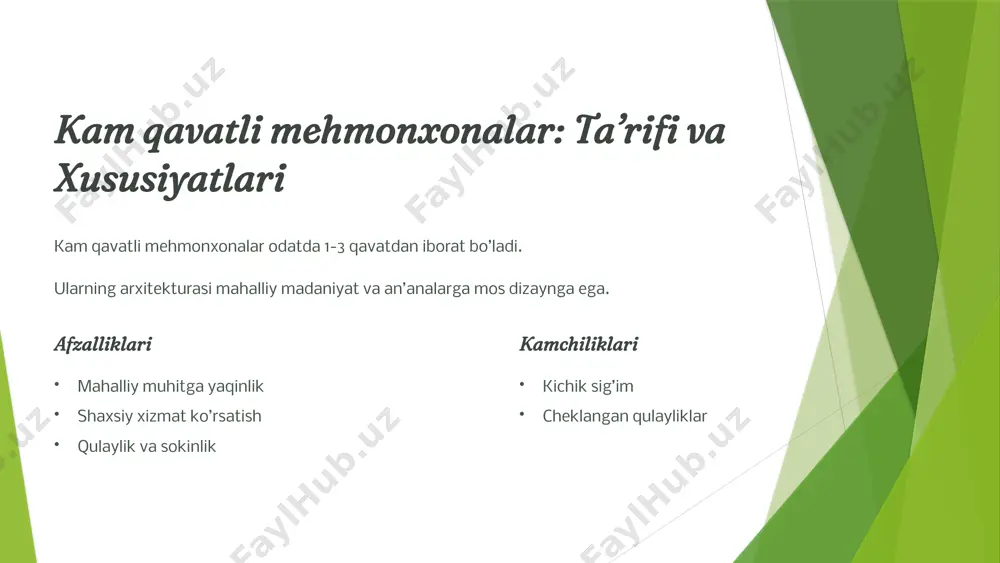 rativ 2 mahalliy 3 umumiy 8 interyer dizaynida innovatsion texnologiyalar smart-uy tizimlari: yoritish, isitish, sovutish. virtual reallik: xonalarni ko'rish, dizaynni tanlash. smart-uy avtomatlashtirilgan tizimlar. virtual reallik dizaynni sinash. 3d-bosma dekor elementlari. 9 xulosa mehmonxona interyerining mehmonlar tajribasiga ta’siri katta. o’zbekistonda mehmonxona biznesining rivojlanish istiqbollari yuqori. 20% turizm o'sishi 15% investitsiyalar 10 image1.png image2.png image3.png image4.png image5.png image6.png image7.png image8.png image9.png image10.png image11.png image12.png image13.png image14.png image15.png image16.png image17.png image18.png