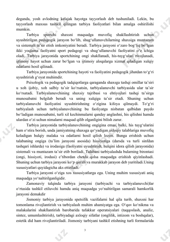 ilib, ko‘pgina yoshlarning turkiya, xitoy, yaponiya, aqsh, germaniya kabi rivojlangan xorijiy mamlakatlarga tahsil olish uchun yuborilayotganliklari fikrimizning yorqin dalilidir. jamiyat ma’naviyati va shaxs kamolotida muhim o‘rin tutuvchi ma’naviy va axlohiy poklik, iymon, insof, diyonat, or-nomus, mehr-oqibat, keksalarga hurmat singari insoniy fazilatlar o‘z - o‘zidan shakllanmaydi. barchasining asosida yosh avlodga oila, umumiy o‘rta, o‘rta maxsus, kasb-hunar hamda oliy ta’lim tizimida amalga oshirilayotgan ta’lim-tarbiya mazmuni, g‘oyaviy yo‘nalishi va samarasi yotadi. o‘sib kelayotgan yosh avlodning zamon talablariga mos, barkamol inson bo‘lib shakllanishlari uchun ijtimoiy tarbiyaning muhim tarkibiy qismlari – aqliy, ma’naviy-axloqiy, jismoniy, mehnat, estetik, huquqiy, ekologik, iqtisodiy hamda jinsiy tarbiyani tashkil etishga nisbatan yangicha nuqtai nazardan yondashish, ularning samarali yo‘llarini ishlab chiqish alohida dolzarblik kasb etadi. bu esa tarbiyadagi eng muhim vazifalardir. tarbiya mazmuning jismoniy tarbiya va sportdagi ahamiyati. tarbiya jarayoninig mohiyati nimadan iborat? bu oddiy savol bo‘libgina qolmay, pedagogika rivojlanishi shu vaqtga qadar ushbu muammoni yechish yuzasidan ko‘pgina qiyinchiliklarni yuzaga keltirdi. avvalo …