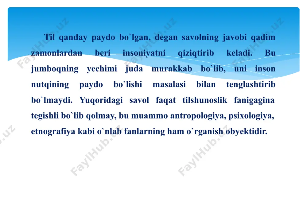 ri keladi. 2.paleantroplar bosqichi. bu davrda paleantroplar, ya’ni eng qadimgi odamlar sun’iy qurollar, turar joy tayyorlaganlar, yirik hayvonlarni jamoa bo`lib ov qilish bilan shugullanganlar. bu bizdan taxminan bir million yillar oldingi davrga to`g`ri keladi. 3.hozirgi zamon kishilari bosqichi. ilmiy taxminlar bu davr40-50 ming yillar oldin paydo bo`la boshlaganligini ko`rsatadi. chamasi, bir million yillar avvalgi eng qadimgi odamlar uzoq va murakkab jarayon davomida insonga xos biologik hamda sotsial xususiyatlarga ega bo`la boshlaydilar. aniq nutq ularga hayvonot dunyosidan ajralish, jamiyat bo`lib uyushish, uyushgan holatda mehnat qilish hamda tafakkurning rivojlanishiga turtki bo`ladi. tilning paydo bo`lishi uchun faqat biologik zaminlargina emas, jamiyatning paydo bo`lishi ham nihoyatda zarur edi. antropologiya (odam hamda irqning kelib chiqishini o`rganuvchi fan), arxeologiya (tarixiy dalillar va madaniy yodgorliklar asosida odamning o`tmish tarixini o`rganuvchi fan) fanlarning uzoq davrlardan beri olib borayotgan tekshirishlari, ilmiy izlanishlari natijasida kishilik tarixi ikki davrdan iborat degan fikrga kelingan. bular–tarixgacha bo`lgan davr va tarixiy davr. tarixgacha kishilarning …