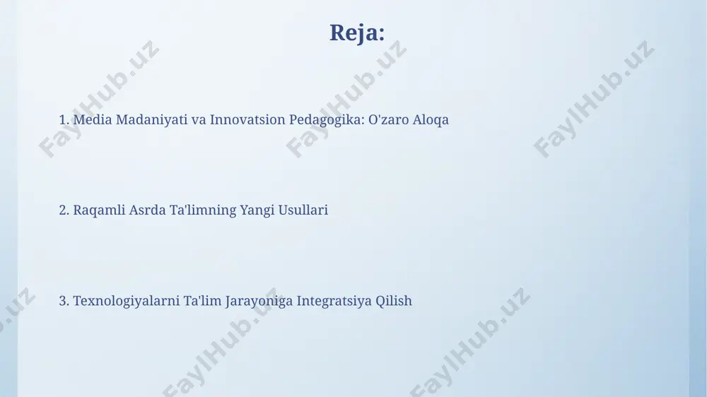 berdi. o'quv jarayonida 21-asr texnologiyalari, jumladan, youtube, khan academy kabi onlayn platformalardan foydalanish samarqanddagi maktablarda o'quvchilarning faol ishtirokini 30% ga oshirdi. o'quv jarayonida media madaniyatining ahamiyati o'zbekistonning toshkent shahridagi maktablarda media madaniyatini o'rgatish orqali o'quvchilar turli media platformalaridan foydalanib, 5 ta turli fan bo'yicha loyihalarni amalga oshirish va taqdimotlar tayyorlash imkoniyatiga ega bo'ladilar. o'quv jarayonida media madaniyati 21-asr ko'nikmalarini, jumladan, axborotni tanqidiy tahlil qilish, samarali kommunikatsiya va raqamli vositalardan foydalanishni rivojlantirishga yordam beradi, bu esa global miqyosda 500 dan ortiq universitetlar tomonidan qo'llanilmoqda. media savodxonligi va tanqidiy fikrlash aqshning stanford universiteti tadqiqotlari shuni ko'rsatadiki, media savodxonligi past bo'lgan 15-25 yoshdagi yoshlar orasida noto'g'ri ma'lumotlarga ishonish darajasi 30% ga yuqori. 2022-yilda toshkent shahrida o'tkazilgan milliy so'rov natijalariga ko'ra, internetdan faol foydalanadigan 1000 nafar respondentning atigi 40%i media manbalarini tanqidiy baholash ko'nikmalariga ega ekanligi aniqlangan. virtual haqiqat va kengaytirilgan haqiqat texnologiyalari kengaytirilgan haqiqat (kr) ilovalari orqali o'quvchilar 20 dan ortiq turdagi o'simlik …