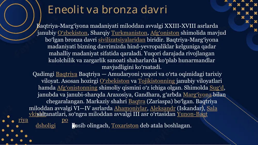 i saltanatlardan biri boʻlib, ikki asr mobaynida osiyoliklarning siyosiy, iqtisodiy, ijtimoiy va madaniy hayotiga katta taʼsir oʻtkazgan. bir saltanat tarkibida bir necha mamlakatlar, xalq va elatlarning birlashuvi turli madaniyatlarni oʻzaro yaqinlashtirdi, davr madaniyatlari baqtriya, yunon, sak va hind madaniyatlarini mujassamlashtirdi. kanishka i davrida kushon davlatiga buddizm kirib keladi va tez orada davlat diniga aylanadi. ammo shu bilan birga zardoʻshtiylik va boshqa dinlar ham oʻz kuchini yoʻqotmaydi. kushon davlati eramizning iii asri birinchi yarmining oxirida barham topdi. eftaliylar davlati eftaliylar (eftalitlar, eftallar, xaytallar, abdallar, yeda) — oʻrta osiyoning shimoli-sharqidan movarounnahrning ichki viloyatlariga kirib, milodiy v asr — vi asrlarda davlat barpo etgan qabila ittifoqi. kanadalik sinolog edvin pulliblank eftalitlarni, eroniyzabon xalqlar taʼsirida boʻlgan turkiy qabilalar deb hisoblagan. eftaliylar xioniylar (350 yil) va kidariylardan (380 yil) keyin oʻrta osiyoga koʻchishning uchinchi toʻlqinini tashkil etganligi odatda qabul qilingan. yaqinda oʻtkazilgan tadqiqotlar shuni koʻrsatadiki, buning oʻrniga milodiy 350-360 yillarda koʻchmanchilar koʻchib oʻtishning katta toʻlqini …