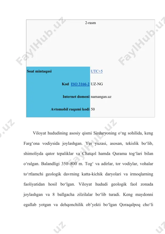 koʻngʻir tuproqlar, qadimdan dehqonchilik qilib kelingnidan tabiiy holati oʻzgargan va unumdorligi oshirilgan. kosonsoyda tipik va qoramtir boʻz tuproq, namangan, uchqoʻrgʻon, chust tumanlarida och boʻz tuproq tarqalgan. tekislik qismining ekin ekilmaydigan yerlarida shoʻra, shuvoq, lola, otquloq, sirdaryo boʻylarida betaga, astragal va boshqa oʻsadi. togʻlarda archazorlar, yovvoyi olcha, olma va yongʻoqzorlar uchraydi. togʻlarning baland qismi subalp oʻtloqlari – yozgi yaylovlardan iborat. namangan viloyatida deyarli oʻrmon yoʻq. namangan mevali oʻrmon koʻchatzori va namangan oʻrmon koʻchatzori mavjud. choʻl va adirlar oʻzlashtirilib yuborilgandan boʻri, tulki, qobon, yumronqoziq kam uchraydi. togʻlarda togʻ takasi, sugʻur bor. adirlarda kalamush, dala sichqoni, echkemar, tipratikan, choʻl toshbaqasi, turli xil ilon va kaltakesak koʻp. qushlardan burgut, kaklik va boshqa bor. qorabovur, yovvoyi oʻrdak va boshqa ovlanadi. daryo, soy va boshqa suv havzalarida har xil baliq yashaydi, ondatra keng tarqalgan. pochchaotasoy, gʻovasoyda qunduz ham uchraydi. namangan viloyati xududining intensiv oʻzlashtirilishi oqibatida sudralib yuruvchilar, qushlar, sut emizuvchilar, baliklarning koʻp turlari kamayib bormoqda. a …