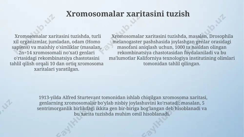 esa keyinchalik xromosomalar nazariyasining asosini tashkil etdi. xromosomalar soni va shaklidagi o'zgarishlar (2n+1, 2n-1 kabi aneuploidiya) insonlarda va boshqa organizmlarda turli xil genetik kasalliklarni keltirib chiqarishi, xromosomalar nazariyasining klinik ahamiyatini ko'rsatadi. e'tiboringiz uchun rahmat @taqdimot_robot image4.png image3.jpeg