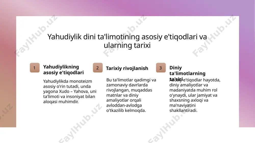 odirlik va adolat yahudiylikda ilohiyot va ta’limotlar insonlar uchun odil va adolatli bo‘lishni ta’minlash, axloqiy qadriyatlarni rivojlantirishga asoslangan. 2 miqor va ibodat dini ta’limotlar ibodat qilish va ro‘za tutishni muhim deb biladi, bu orqali inson ruhiy poklanish va ilohiy bilan bog‘lanishni ta’minlaydi. 3 ishonch va umid yahudiylikda ilohiyotga bo‘lgan ishonch va umid muhim, ular kundalik hayotda qiyinchiliklarga bardosh berish va ma’naviy kuch bo‘lib xizmat qiladi. yahudiy an'analari va kundalik amaliyotlarda madaniy qadriyatlarning roli madaniy qadriyatlar yahudi an'analari va kundalik amaliyotlar, jamiyatda madaniy qadriyatlarni saqlash va avloddan-avlodga o'tkazishda muhim rol o'ynaydi. ritual va urf-odatlar har kuni bajariladigan diniy rituallar va urf-odatlar, yahudiylarning diniy e'tiqodlarini amalda namoyon etadi va madaniyatini boyitadi. yoshlar va madaniyat yangi avlodlar orasida an'analar va kundalik amaliyotlar, ularga madaniy va dini qadriyatlarni anglashda yordam beradi, ular bilan bog'liqlikni mustahkamlaydi. yahudiy jamiyatida urf-odatlar va ularning zamonaviy shakllari 1 madaniy urf-odatlar yahudiy jamiyatida madaniy urf-odatlar asosiy ahamiyatga ega bo‘lib, ular …