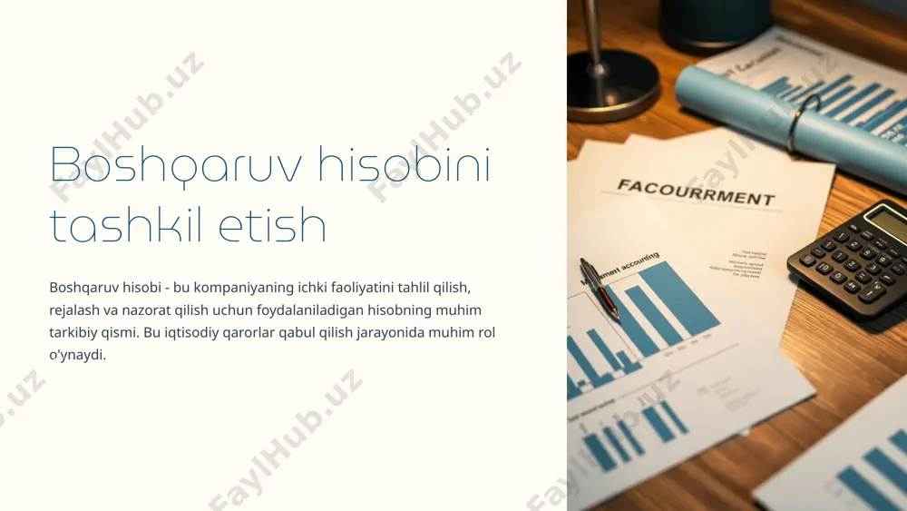 paniya faoliyatini boshqarishda muhim axborot ta'minoti, samaradorlikni oshirish, reja va byudjetlarni tuzishda yordamlashadi. 2 tashkiliy tuzilma va funksiyalar boshqaruv hisobining tashkiliy tuzilmasi va asosiy funksiyalari rejalash, nazorat, tahlil va qarorlar qabul qilishga yordamlashadi. 3 tavsiyalar boshqaruv hisobini tashkil etishda moliyaviy va nomolivaviy ko'rsatkichlarning integratsiyasi, nazorat tizimini takomillashtirish, axborot tizimlarini rivojlantirish tavsiya etiladi. 12 image1.png image2.jpg image3.png image4.png image5.png image6.png image7.png image8.png image9.png image10.png image11.png image12.png image13.png image14.png image15.png image16.png