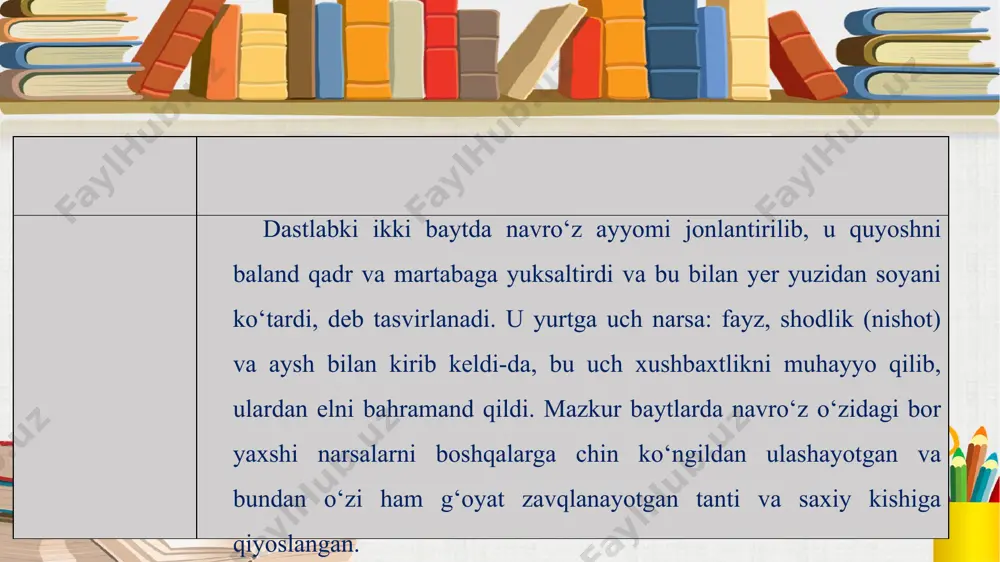 ul gul yuzi shavqi bila shaydo ko‘ngul shom-u sahar, bulbuldek aylar yuz navo ming nav’i faryod ustina. boshimg‘a yoqqan g‘am toshin mingdin biricha bo‘lmag‘ay, gardun agar ming besutun yog‘dursa farhod ustina. ey shah, karam aylar chog‘i teng tut yamon-u yaxshini kim, mehr nuri teng tushar vayron-u obod ustina. xoki taning barbod o‘lur oxir jahonda necha yil, sayr et sulaymondek agar taxting qurub bod3 ustina. ne jur’at ila ogahiy ochg‘ay og‘iz so‘z dergakim, yuz xayli g‘am qilmish hujum ul zor-u noshod ustina. savol va topshiriqlar: 1.shoir “ilohi, har kuning navro‘z bo‘lsun”, — der ekan, kundalik hayotingda faqat bayramlardan iborat bo‘lsin degan tilakdan boshqa narsani ham ko‘zda tutganmi? 2.“qilib partavfikanlik ayni adling quyoshoso jahonafruz bo‘lsun” misralarini tahlil qiling. bayt mazmunidan ushbu so‘zlar kimga qarata aytilayotganini bilishga urining. 3.“sango doyim bo‘lub davlat qushi rom, shikorandoz-u dastomuz bo‘lsun” baytidagi mazmunan aloqador so‘z birikmalarini aniqlang va ularni sharhlang. 4.hukmdorning dushmanlari hamda unga itoat etmovchilarga bildirilgan …