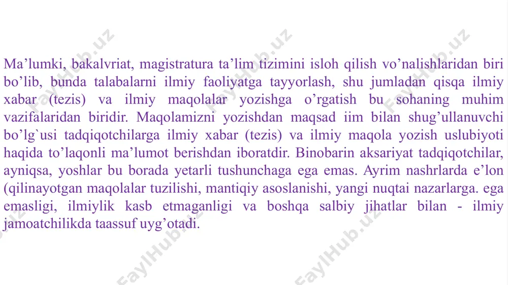 an iborat. ilmiy maqola yozishdan oldin maqola nima uchun yoziladi, ish mazmuni nimadan iborat bo’ladi, maqoladan qanday xulosa chiqarish kerak, degan sayollarga javob o’ylash lozim va maqola yozishdan aniq bir maqsadni ko’zlash kerak bo’ladi. illmiy maqola yozishda birinchi bo’lib, mavzuni belgilash, uning tahlili, reja tezislarni tuzish kerak. maqolalar ilmiy uslubda yozilishi lozim. maqola faqat uchinchi shaxs tomonidan yozilishi shart. maqola bayoni o’quvchi uchun qulay bo’lgan ketma-ketlikda olib borilishi, bu quyidagicha bo’lishi kerak: umumiydan xususiyga, soddadan murakkabga qarab fikrlar bildiriladi. maqolaning mantiqiy tuzilmasi kirish, asosiy qism va xulosadan iborat bo’ladi. kirish qismida mavzu asoslanishi, ilmiy nazariy jihatdan uning istiqboli (perespektivligi) berilishi, bugungi kun talablari asosida ko’rib chiqilishi kerak. asosiy qismda dalillar, ilgari surilgan ilmiy xabarni tasdiqlaydigan faktlar bo’lishi, bunda induksiya va deduksiyadan foydalanish, ya’ni aniqdan umumlashtirishga, umumiydan batafsil ko’rib chiqishga o’tish lozim bo’ladi. xulosada asosiy fikrni ixchamlab tezislar shaklida bayon qilinishi, ilgari surilgan tezisni tasdiqlaydigan umumlashmalar berilishi va muammoning dovomiyligini ko’rsatish …