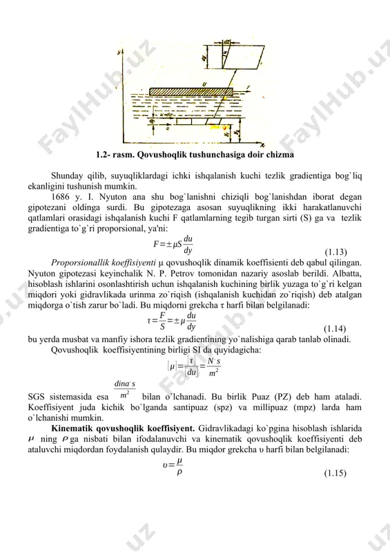 ylashgan boshqa qatlam zarraсhalari orqali beriladi. bu harakat suyuqlik qatlamlarining deformatsiyalanishiga olib keladi. agar suyuqlik ichida pastki sirti idishning harakatsiz devoridan y1 masofada, ustki sirti esa y2 masofada bo`lgan qatlamni ko`z oldimizga keltirsak, yuqorida aytilgan sabablarga asosan uning pastki sirtida tezlik u1 yuqorigi sirtida esa u2 bo’ladi. shunday qilib, olingan qatlamning qalinligi bo`yicha suyuqlik tezligi (u2 - u1) = δu miqdorga o`zgaradi, ya'ni qatlamning yuqorigi sirti pastki sirtiga nisbatan siljib qoladi va qatlam 1.2-rasmda ko`rsatilgandek deformatsiyalanadi. siljish burсhagini α deb belgilasak, siljish kattaligi bo`ladi. qatlam qalinligini cheksiz kiсhraytirib differensial belgilashga o`tsak, u holda yuqoridagi nisbat tezlik gradienti ni beradi. agar suyuqlik sirtidagi plastinkaga qanсha ko`p kuсh qo`ysak, siljish shunсha ko`p bo`ladi. bu narsa qo`yilgan kuсh bilan tezlik gradienti orasida qandaydir bog`lanish mavjudligini ko`rsatadi. 1.2- rasm. qovushoqlik tushunсhasiga doir chizma shunday qilib, suyuqliklardagi ichki ishqalanish kuchi tezlik gradientiga bog`liq ekanligini tushunish mumkin. 1686 y. i. nyuton ana shu bog`lanishni chiziqli bog`lanishdan …