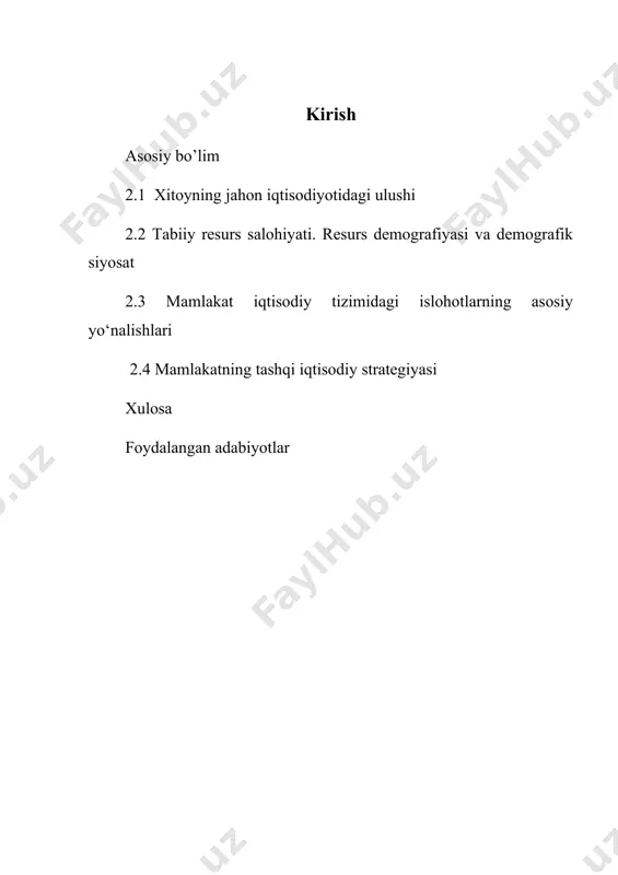 mamlakatda sodir bo'layotgan o'zgarishlar hayratlanarli ekanligini tan olishga majbur. 2.1 xitoyning jahon iqtisodiyotidagi ulushi 2012 yildagi 11,4 foizdan 2021 yilda 18 foizdan oshdi. 2021-yil yakuniga ko‘ra, xitoy yalpi ichki mahsuloti 114 trillion yuanni (16,94 trillion aqsh dollari) tashkil etdi, aholi jon boshiga yalpi ichki mahsuloti esa 12,5 ming dollarga yetdi. xitoyda xususiy korxonalar soni 2012-yildagi 10,85 milliondan 2021-yilda 44,57 millionga yetdi. 2021 yil holatiga koʻra, soliq tushumlarining 50% dan ortigʻi, yalpi ichki mahsulotning 60% dan ortigʻi va texnologik innovatsiyalarning 70% dan ortigʻi iqtisodiyotning xususiy sektori hissasiga toʻgʻri keldi; u shahar va shaharlardagi ish o'rinlarining 80% dan ko'prog'ini ta'minladi, xitoyda bozor ishtirokchilarining 90% dan ortig'ini tashkil etdi xitoy jahon valyuta zaxiralarining yarmiga ega. 2014 yilga kelib, xitoy o'z zahiralarida aqsh dollarining to'planish sur'atini sezilarli darajada pasaytirdi va zahiralarni to'plash tezligini sekinlashtirdi, bu esa butun dunyo bo'ylab sarmoyani sezilarli darajada oshirdi. xxr bank tizimi asosan davlat sektoriga kredit beradi: 2006 yilda xususiy …