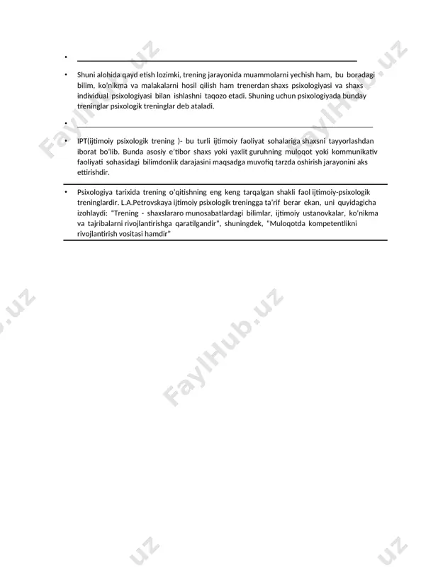 rni hosil qilish; · kutilmagan vaziyatlarda to’g’ri qaror qabul qila olish ko`nikmalarini hosil qilish kabi. treningni asosiy vazifalari: · 1.shaxsning ijtimoiy psixologik bilimdonligini oshirish. · 2. muloqot faoliyatida namoyon bo’ladigan yaqqol bilimlar, malakalar ko’nikmalar va odatlarni hosil qilish. · 3. samarali muloqatda namoyon bo’ladigan zarur sifatlar, ijtimoiy ustanovkalarni shakllantirish, noadekvatlarni korreksiyalash. · 4. o’zini - o’zi to’laroq anglash, bilim hamda o’zgalarga nisbatan to’gri munosabatlarni shakllantirish qobilyatini o’stirish. · 5. umuman shaxsning ijtimoiy munosabatlarini faoliyatga , undagi pedogogik va ijtimoiy vaziyatlarga nisbatan moslashishni ta'minlash va muvofiqlashtirish kabi. · · shuni alohida qayd etish lozimki, trening jarayonida muammolarni yechish ham, bu boradagi bilim, ko’nikma va malakalarni hosil qilish ham trenerdan shaxs psixologiyasi va shaxs individual psixologiyasi bilan ishlashni taqozo etadi. shuning uchun psixologiyada bunday treninglar psixologik treninglar deb ataladi. · · ipt(ijtimoiy psixologik trening )- bu turli ijtimoiy faoliyat sohalariga shaxsni tayyorlashdan iborat bo‘lib. bunda asosiy e’tibor shaxs yoki yaxlit guruhning muloqot …