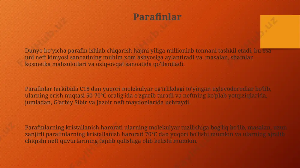 rkibiy qismlaridan biri bo'lib, ularning molekulyar massasi c5 dan c40 gacha o'zgarib turadi va dunyoning turli neft konlarida, masalan, rossiya va saudiya arabistonida turli nisbatlarda uchraydi. alkanlarning izomerlari soni karbon atomlari sonining ortishi bilan eksponent ravishda o'sib boradi, masalan, c10 uchun 75 ta izomer, c20 uchun esa millionlab izomer mavjud bo'lishi mumkin, bu esa neftni qayta ishlash jarayonini murakkablashtiradi. azotli birikmalar azotli birikmalar tarkibida 10 dan ortiq turli xil aminokislotalar bo‘lib, ularning miqdori neftning kelib chiqishi va yotqizig‘ining geografik joylashuviga (masalan, g‘arb sibir havzasida) bog‘liq. neftdagi azotli birikmalar miqdori odatda 0,1% dan 2% gacha o‘zgarib turadi va bu ko‘rsatkich og‘ir neftlarda ancha yuqori bo‘lishi mumkin, masalan, o‘zbekistonning muborak neft konlarida. ba'zi azotli birikmalar, masalan, porfirinlar, neftning yoshi va kelib chiqishini aniqlashda muhim markerlar hisoblanadi va ularning molekulyar tuzilishi 500 dan ortiq uglerod atomlarini o‘z ichiga olishi mumkin. neftning mineral tarkibiy qismlari surxondaryo viloyatidagi neft yotqizig'idan olingan namunalarning analiziga ko'ra, neftning …