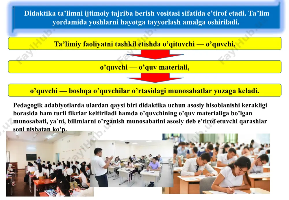 bu tushunchani buyuk chex pedagogi yan amos komenskiy (1592— 1670-yillar) «buyuk didaktika» (1657-yil) nomli mashhur asarida tilga oladi. lekin komenskiy «didaktika bu faqat ta’limgina emas, balki tarbiyalash ham», deb ta`kidlaydi. mazkur asarda olim ta’lim nazariyasining muhim masalalari:pta’lim mazmuni, ta’limning ko’rgazmaliligi, ketma-ketligi kabi tamoyillari, sinf-dars tizimi borasida so’z yuritadi. falsafiy tushunchalar; xususiy ilmiy, ya`ni, muayyan fangagina xos bo’lgan tushunchalar. didaktikada «idrok etish», «o’zlashtirish», «mahorat», «rivojlanish» va boshqalar (psixologiya) hamda «boshqarish», «qayta aloqa» (kibernetika) kabi turdosh fanlarga xos bo’lgan tushunchalar ham qo’llaniladi. didaktikaning tushunchali-terminologik tizimi muntazam yangilanib va to’ldirilib borilmoqda. didaktikaning asosiy kategorivalari quyidagilardan iborat: dars, bilim olish, ta’lim, bilim, ko’nikma, malaka, ta’lim maqsadi, ta’lim mazmuni, ta’lim jarayoni, ta’lim jarayonini tashkil etish, ta’lim turlari, shakllari, metodlari va vositalari, ta’lim natijasi. 3. didaktika, uning asosiy kategoriyalari. didaktikaning asosiy kategoriyalari va didaktik tushunchalar tizimi. muayyan fanga xos bo’lgan tushunchalarda insoniyat tomonidan ijtimoiy taraqqiyot jarayonida to’plangan bilimlar aks etadi. mavjud ilmiy tushunchalar ikki asosiy guruhga …