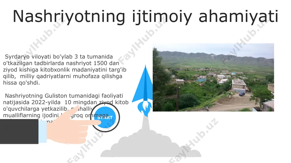 mmabop asar katta shuhrat qozondi. guliston tumanidagi maktab kutubxonalariga esonbekovlar nashriyoti tomonidan 1000 dan ziyod bolalar adabiyoti namunalari yetkazib berildi. 06 05 04 kelajakdagi rejalar va istiqbollar 01 02 zamonaviy texnologiyalarni joriy etish, jumladan, elektron kitoblar yaratish va onlayn savdo platformasini ishga tushirish orqali 2024 yilda 15% ga foyda ko'paytirish maqsad qilingan. esonbekovlar nashriyoti kelgusi 5 yilda guliston tumanida 10 dan ortiq yangi kitoblarni chop etishni, shu jumladan, bolalar adabiyoti sohasida 3 ta yangi loyihani amalga oshirishni rejalashtirmoqda. nashriyotning bozor ulushi va raqobatdoshligi nashriyotning raqobatdoshligini oshirish uchun sirdaryo viloyatining boshqa tumanlariga, masalan, xovos tumaniga ham kitoblarini yetkazib berishni kengaytirish strategiyasi qo'llanilishi mumkin. esonbekovlar nashriyoti, sirdaryo viloyati, guliston tumanidagi bozor ulushini aniqlash uchun 2022-yilgi kitob sotuvlari ma'lumotlarini tahlil qilish kerak, bu esa raqobatbardoshligini baholashga yordam beradi. tarqatish va marketing strategiyasi onlayn savdo platformalarida, jumladan, "ozon.uz" va "republica.uz"da kitoblarning sotilishi 15% ga oshirish maqsadida raqamli marketing strategiyasi qoʻllanilmoqda. ijtimoiy tarmoqlarda, xususan, instagram …