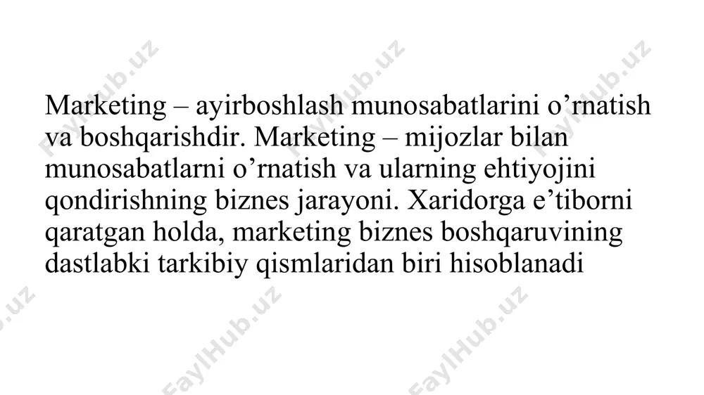 g assotsiatsiyasi tomonidan berilgan bo‘lib, uning mazmuni quyidagichadir: «marketing – bu tovar va xizmatlarni ayirboshlash vositasida alohida shaxslar yoki tashkilotlar ehtiyojlarini qondirishga qaratilgan narx o’rnatish, siljitish va sotishni o’zida mujassamlashtiradigan rejalashtirish jarayonidir». marketingga olimlar turlicha ta’rif berganlar. sh.xant quydagicha ta’rif bergan: “marketing – bu tovarlarni ayirboshlash jarayoni haqidagi fan”. i.k. belyaevskiy shunday degan: «marketing – bu bozorni o‘rnatish va tartibga solish, boshqarish tizimidir». jan-jak lamben esa marketingga shunday ta’rif beradi: «marketing tashkilotlar va kishilarni xohish va ehtiyojini tovarlar va xizmatlarni erkin raqobatli ayirboshlashni ta’minlash yo’li orqali qondirishga yo’naltirilgan ijtimoiy jarayondir», «marketing – bu bir vaqtning o‘zida biznes falsafasi va faol jarayondir». ushbu ta’riflardan shuni aytish mumkinki, marketing – bu bozorni o’rnatish, u orqali iste’molchilarga ta’sir etishdan iboratdir. talab bilan taklifni o’zaro ta’siri– bu alohida shaxslar yoki guruhning xohish-ehtiyojlarini uzluksiz qondirish jarayoni hisoblanadi. bu jarayon o‘z navbatida shunday ijtimoiy-iqtisodiy kategoriyalarning o‘zaro ta’siriga asoslanadi, ya’ni ularga muhtojlik, ehtiyoj (xohish), talab, xarid qilish …