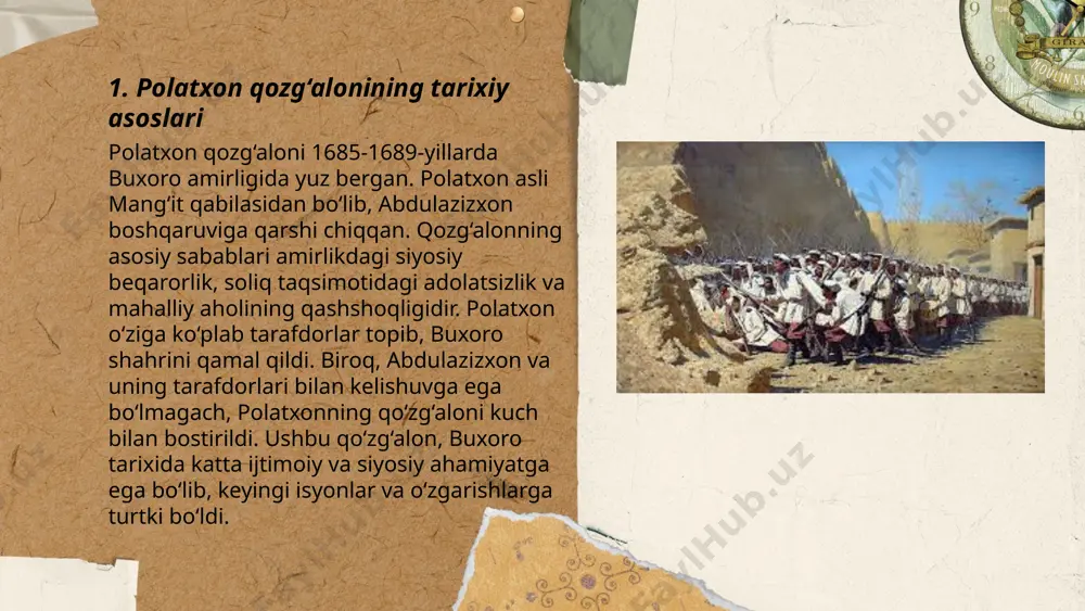angan. rus imperiyasi o‘zining markaziy osiyodagi ta'sirini kuchaytirish uchun ma'lum darajada polatxon qozg‘alonidan foydalangan. 1868-yilda buxoro amirligi rasman rossiya imperiyasiga qaram davlat sifatida tan olindi va bu jarayonda polatxon qozg‘aloni rossiya uchun buxoroga kirishda ma'lum ma'lumot va saboq bo‘lib xizmat qilgan. ... t.me/slaydai_bot 7. polatxon qozg‘alonining oqibatlari polatxon qo‘zg‘aloni 1700 yilda buxoro xonligida sodir bo‘lgan isyon bo‘lib, xalqning noroziligidan kelib chiqqan. bu qo‘zg‘alon buxoro amirligi iqtisodiyotiga jiddiy zarar yetkazdi, savdo aloqalari vaqtincha to‘xtadi va dehqonchilik yerlari vayron bo‘ldi. ko‘plab insonlar halok bo‘ldi va minglab odamlar o‘z uylarini tark etishga majbur bo‘ldi. natijada, xonlikning ichki barqarorligi izdan chiqdi va siyosiy inqiroz kuchayib, hokimiyat almashinuvi jarayonlarini tezlashtirdi. ushbu voqealar xonlikni zaiflashtirgan va ijtimoiy-siyosiy beqarorlikni yanada kuchaytirgan. ... t.me/slaydai_bot polatxon qozg'oloni, 1810 yilda xiva xonligida yuz bergan, muhammad amin inoqning islohotlariga qarshilik ko'rsatgan harakatdir. bu qozg‘alon qishloq xo‘jaligi soliqlarining oshirilishi va xalqning og‘ir turmush sharoitlariga javoban boshlangandi. polatxon qozg‘aloni, o‘z navbatida, 1821 yilda …