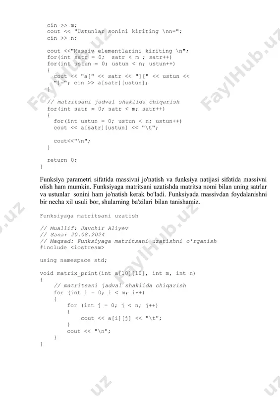 0; k < p; k++) { c[i][k] += a[i][j] * b[j][k]; } cout << "natija c matritsa\n"; matrix_print(c, m, p); matrix_delete(a, m); // a matritsani o'chirish matrix_delete(b, n); // b matritsani o'chirish matrix_delete(c, m); // c matritsani o'chirish return 0; } nazorat savollari: 1. ko`p o`lchamli massivlarni e`lon qilishning qanday usullarini bilasiz? 2. qanday massivlarga kvadrat massivlar deyiladi? 3. bir o'lchamli va ikki o'lchamli massivlar orasidagi farq nimada? 4. statistik massivlar bilan ishlashning kamchiliklari nimada? 5. ikki o'lchamli dinamik massivlar bilan ishlash qanday amalga oshiriladi? image1.png 2 - ma’ruza: matritsalar va uning elimentlarini tahlil qilish reja 1. ikki o`lchamli statik massivlar . 2. statik massivlar bilan ishlash bir o`lchamli massivlar uchun ishlatilgan o`zgaruvchilar, bir хil jinsdagi berilganlarni хotirada saqlash uchun foydalaniladi. ikki o`lchamli massivlarda esa, satr va ustunlar orqali bir хil jinsdagi qiymatlarni ikki o`lchamli o`zgaruvchilar ichida saqlash uchun foydalaniladi. ikki o`l chamli statik massivlarni e`lon qilish. toifa massiv_nomi [massiv_satrlari_soni][massiv_ustunlari_soni]; …