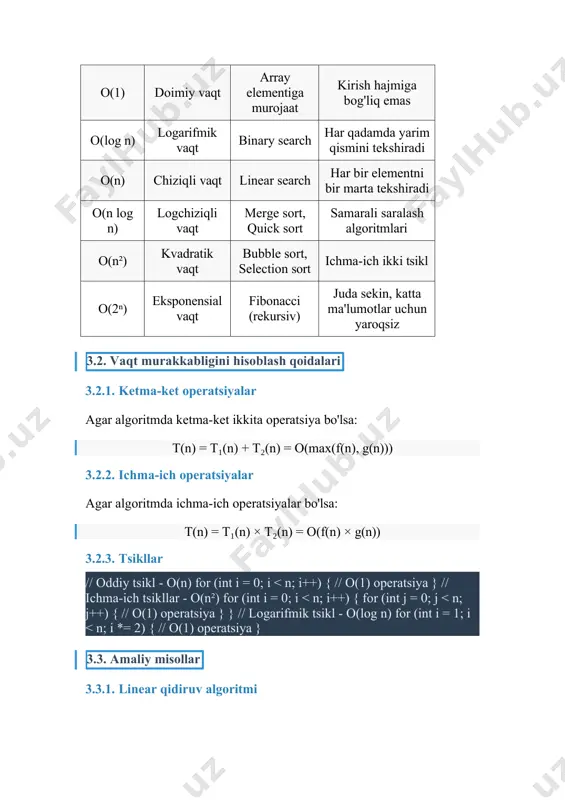 (f"taqqoslashlar: {comparisons}, almashtirishlar: {swaps}") return arr # test test_arr = [64, 34, 25, 12, 22, 11, 90] print("asl massiv:", test_arr) sorted_arr = bubble_sort_detailed(test_arr.copy()) print("saralangan massiv:", sorted_arr) 7.2. selection sort (tanlab saralash) def selection_sort_detailed(arr): """ tanlab saralash - eng kichik elementni topib, boshiga qo'yish """ n = len(arr) comparisons = 0 swaps = 0 for i in range(n): min_idx = i # eng kichik elementni topish for j in range(i + 1, n): comparisons += 1 if arr[j] = 0: comparisons += 1 if arr[j] > key: arr[j + 1] = arr[j] shifts += 1 j -= 1 else: break arr[j + 1] = key print(f"taqqoslashlar: {comparisons}, siljitishlar: {shifts}") return arr # test test_arr = [64, 34, 25, 12, 22, 11, 90] print("asl massiv:", test_arr) sorted_arr = insertion_sort_detailed(test_arr.copy()) print("saralangan massiv:", sorted_arr) 7.4. merge sort (birlashtiruvchi saralash) def merge_sort_detailed(arr, depth=0): """ birlashtiruvchi saralash - "bo'l va hukmron bo'l" strategiyasi """ print(" " …