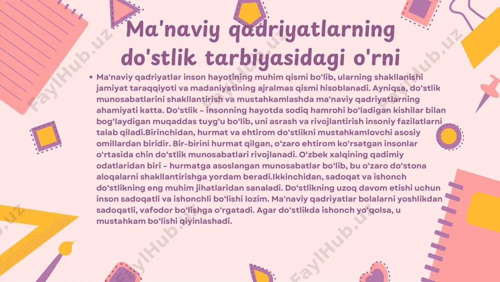 il qilishi yoki ilmiy ishlanmalar ustida ishlashi do‘stona munosabatlarni mustahkamlaydi.to‘rtinchidan, san’at va ijodiy mashg‘ulotlar do‘stlikni shakllantirishda muhim ahamiyatga ega. she’r va insholar yozish, rasmlar chizish yoki sahna ko‘rinishlari tayyorlash orqali o‘quvchilar do‘stlikni chuqur his qilishadi.beshinchidan, do‘stlik kunlarini tashkil etish orqali o‘quvchilar orasida do‘stlikni mustahkamlash mumkin. bunday tadbirlarda "eng yaxshi do‘st" nominatsiyasini belgilash, do‘stlik haqidagi videorolik yoki taqdimot tayyorlash, turli o‘yinlar o‘tkazish samarali natijalar beradi. oltinchidan, o‘zaro hurmat va ishonchni shakllantirish do‘stlikning mustahkam bo‘lishi uchun muhim hisoblanadi. o‘quvchilar bir-birini tinglash va fikrlarini hurmat qilishni o‘rganishlari, yolg‘on va xiyonatdan yiroq bo‘lishlari kerak.xulosa qilib aytganda, do‘stlikni shakllantirish uchun o‘quvchilarni hamkorlikka o‘rgatish, ular orasida o‘zaro hurmat va ishonchni rivojlantirish, ijodiy va jamoaviy mashg‘ulotlar tashkil qilish lozim. do‘stlik inson hayotiga quvonch olib keladi va jamiyat taraqqiyotiga ijobiy ta’sir ko‘rsatadi. shu sababli, yoshlarni do‘stlik qadriyatlariga asoslangan holda tarbiyalash muhim vazifalardan biridir. do‘stlik inson hayotining ajralmas qismi bo‘lib, uni shakllantirish va mustahkamlash yoshligidan boshlanishi lozim. o‘quvchilar orasida …