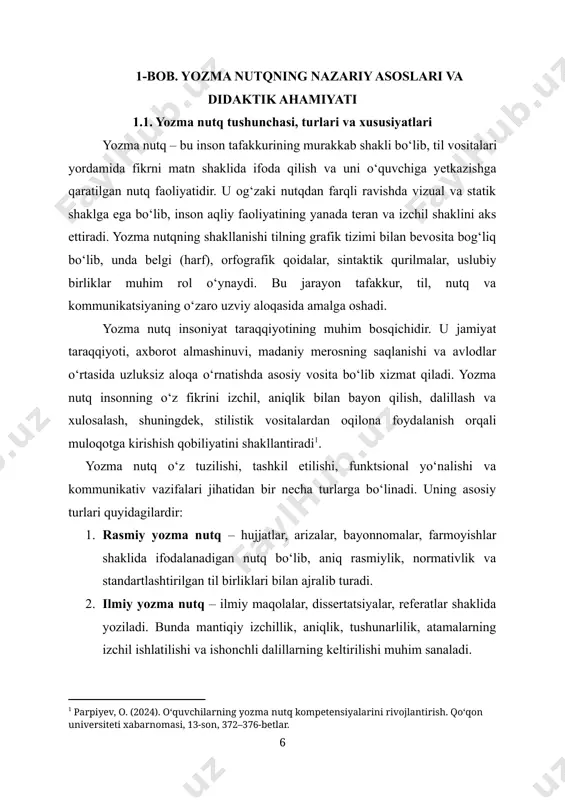 dan qat’i nazar saqlanib qoladi. unga qayta murojaat qilish, o‘rganish, tahlil qilish imkoniyati mavjud bo‘ladi. · emotsional cheklovlilik – og‘zaki nutqqa xos bo‘lgan intonatsiya, mimika va jestlardan foydalanish imkoni yo‘qligi bois, yozma nutqda fikrni ifodalashda til vositalarining ta’sirchanligiga alohida e’tibor qaratiladi[footnoteref:2]. [2: to‘xliyev, b., shamsiyeva, m., ziyodova, t. (2021). o‘zbek tili o‘qitish metodikasi. toshkent: o‘qituvchi. 320 bet.] shuningdek, yozma nutq orqali fikrni bayon qilish jarayoni nafaqat til kompetensiyalarini, balki o‘quvchining tahliliy va tanqidiy fikrlash darajasini ham ko‘rsatadi. bu esa uni samarali o‘rgatish, shakllantirish va rivojlantirishda o‘qituvchidan puxta tayyorgarlik, to‘g‘ri metodik yondashuv hamda motivatsion uslublarni qo‘llashni talab qiladi. yozma nutqni o‘rgatish ta’limning uzviy tarkibiy qismi sifatida o‘quvchining dunyoqarashi, shaxsiy pozitsiyasi va ijtimoiy faolligini shakllantirishda ham muhim vositaga aylanadi. shu jihatdan mazkur yo‘nalish doimiy ilmiy-metodik takomillashuvni va zamonaviy yondashuvlarni joriy etishni talab etadi. 1.2. yozma nutq malakasining shakllanish bosqichlari yozma nutq malakasining shakllanishi o‘quv jarayonining murakkab va ko‘p komponentli qismlaridan biri bo‘lib, …