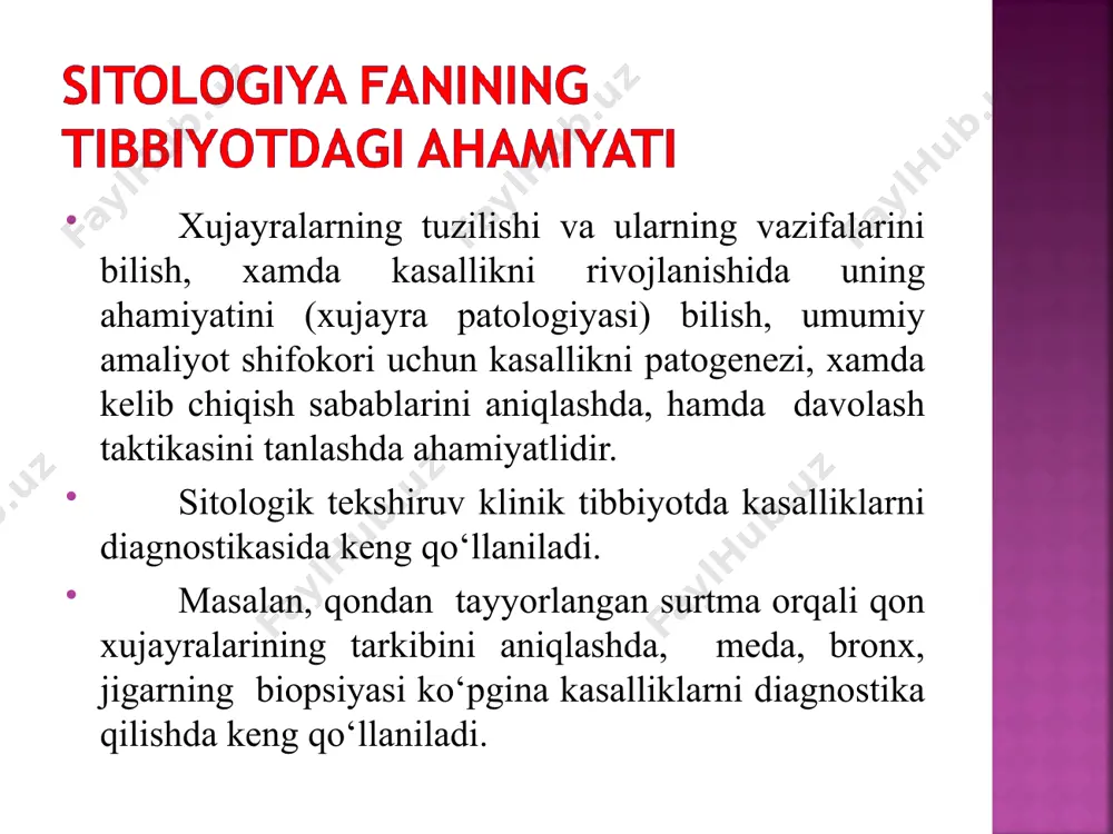 sxemasi lipidlar uglevodlar glikoproteinlar integral oqsillar yarimintegral oqsillar periferik oqsillar hujayra tsitoplazmasi hujayradan tashqari suyuqlik tsitoskelet glikolipidlar plazmolemmaning transport funksiyasi. fagositoz fagotsitoz bosqichlari: 1 – yutish 2 – fagosoma xosil bo‘lishi 3 – fagolizosoma xosil bo‘lishi 4 – parchalanish 1 2 3 4 fagotsitoz qilinuvchi modda plazmatik membrana lizosoma yadro sitoplazma fagosoma fagolizasoma plazmolemmaning transport funksiyasi. ekzositoz hujayra sitoplazmasi plazmatik membrana hujayralararo modda golji kompeksi sekretor granula sekretor vezikula sitoplazma – gialoplazma va unda muallaq joylashgan hujayra organellalari, kiritmalardan iborat; gialoplazma suv va unda erigan organik va mineral moddalardan tashkil topgan bo‘lib, hujayrining yarim suyuq muhitini hosil qiladi hujayra ichida tsitoplazma harakatlanish xususiyatiga ega bo‘lib, bu jarayon tsikloz deyiladi; organellalar – hujayraning doimiy tarkibiy qismi, ma’lum bir tuzilishga ega va hujayra uchun maxsus funktsiyani bajaradi; kiritmalar – hujayraning doimiy tarkibiy qismi bo‘lmay, hujayraning hayot faoliyati davomida paydo bo‘lib, yo‘qolib turadi. sitoplazma organellar endoplazmatik to’r mitohondriya golji aparati lizosoma peroksisoma hujayra …