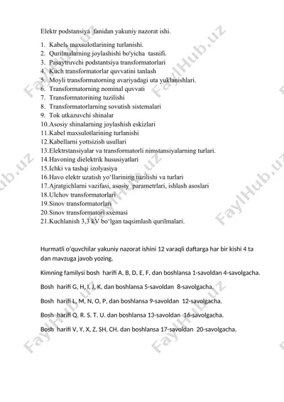 elektr podstantsiyalar va transformatorli nimsatansiyalar — DOCX