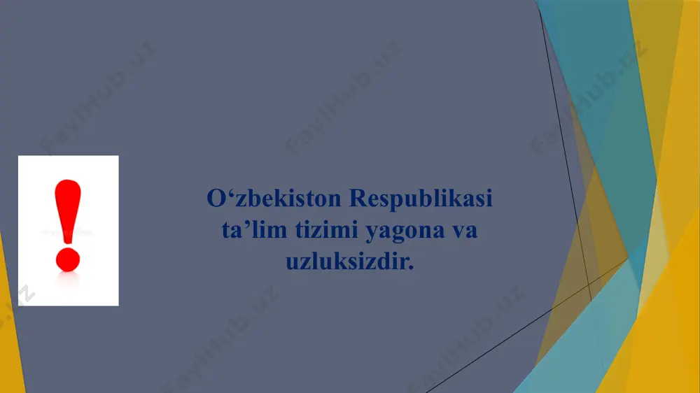 ta'lim sohasidagi davlat siyosatining asosiy tamoyillari quyidagilardan iborat: ta'lim va tarbiyaning gumanistik, demokratik xarakteri; ta'limning uzluksizligi va izchilligi; majburiy umumiy o‘rta, shuningdek o‘rta maxsus, kasb-hunar ta’limi; o‘rta maxsus, kasb-hunar ta’limi: akademik litsey yoki kasb-hunar kolleji yo‘nalishini tanlashning ixtiyoriyligi; davlat ta’lim standartlari doirasida ta’limning umumiy foydalanish imkoniyati; ta'lim tizimining dunyoviyligi; o'quv dasturlarini tanlashga yondashuvning birligi va differentsiatsiyasi; ta'lim va iste'dodni rag'batlantirish; ta'lim tizimida davlat va jamiyat boshqaruvining uyg'unligi. o'zbekistonda ta'lim olish huquqi jinsi, tili, yoshi, irqi, millati, e’tiqodi, dinga munosabati, ijtimoiy kelib chiqishi, kasbi, ijtimoiy mavqei, yashash joyi, o‘zbekiston respublikasi hududida yashash muddatidan qat’i nazar, har kimga bilim olishda teng huquqlar kafolatlanadi. o'zbekistonda ta'lim olish huquqi 41-modda. har kim bilim olish huquqiga ega. bepul umumiy ta’lim olish davlat tomonidan kafolatlanadi. maktab ishlari davlat nazoratidadir. ta'lim olish huquqi quyidagilarni kafolatlaydi : - davlat va nodavlat ta’lim muassasalarini rivojlantirish; -ishdan uzilishlarsiz va uzilishlarsiz o'qitishni tashkil etish; -davlat ta'lim va kadrlar tayyorlash dasturlari bo'yicha …
