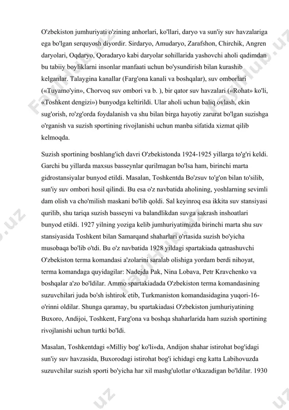 turkmaniston komandasidagina yuqori-16-o'rinni oldilar. shunga qaramay, bu spartakiadasi o'zbekiston jumhuriyatining buxoro, andijoi, toshkent, farg'ona va boshqa shaharlarida ham suzish sportining rivojlanishi uchun turtki bo'ldi. masalan, toshkentdagi «milliy bog' ko'li»da, andijon shahar istirohat bog'idagi sun'iy suv havzasida, buxorodagi istirohat bog'i ichidagi eng katta labihovuzda suzuvchilar suzish sporti bo'yicha har xil mashg'ulotlar o'tkazadigan bo'ldilar. 1930 yili, toshkentda yangi turdagi basseynlar barpo etildi. qad ko'targan yirik korxonalar qoshida zamonaviy basseynlar qurila boshlandi. masalan, toshkent to'qimachilik kombinati qoshida uzunligi 50 m keladigan suvi isitiladigan ochiq basseyn qurib, ishga tushirildi. 1935 yili andijonning sun'iy suv havzasida birinchi marta jumhuriyat bo'yicha suv sporti bayrami o'tkazildi. bunda suzish bo'yicha jumhuriyat birinchiligi uchun musobaqa o'tkazildi. andijon, qo'qon, toshkent, farg'ona shaharlarining eng mohir suzuvchilari o'zaro bellashdilar. bunda toshkentliklardan aleksandr vajnis 100 va 200 m ga yonboshlab suzish bo'yicha birinchi o'rinni egalladi; nikolay zokirov 200 m masofaga erkin suzishda chempion bo'ldi. valentin mixaylov 100 va 200 m ga brass usulida …
