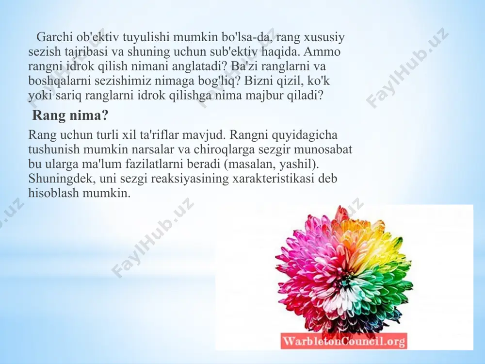 tish haqiqati, shuningdek, go'zallik va estetikani qadrlashni ham anglatadi ob'ektlar, landshaftlar, san'at nuanslarini qadrlash (masalan, rasmlarda), odamlar va boshqalar. 3. idrokni tashkil etish turli xil ranglarni idrok qilish dunyoni alohida hududlar yoki segmentlar bo'yicha tartibga solishga imkon beradi. e’tiboriz uchun rahmat image1.png image2.png image3.png image4.png /docprops/thumbnail.jpeg