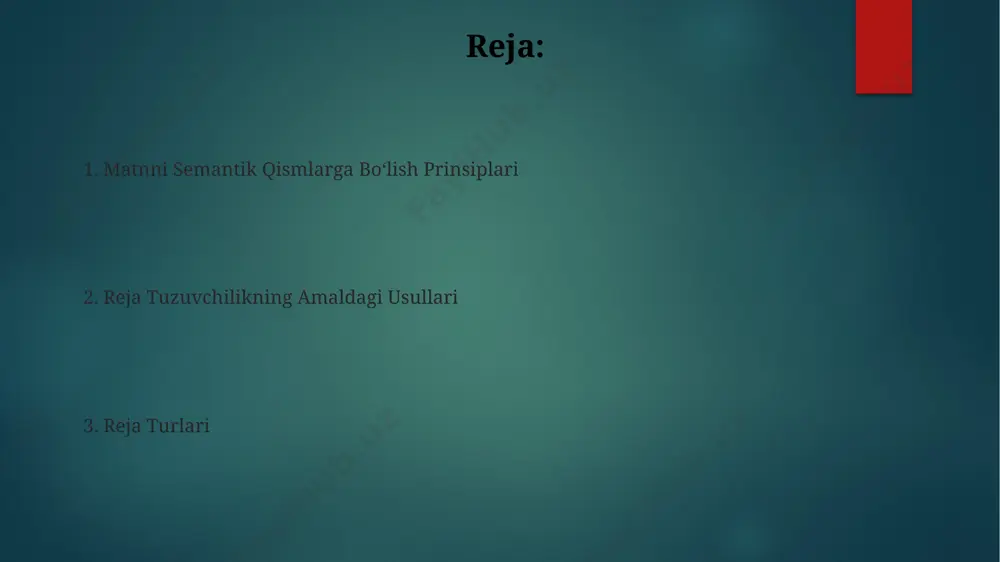 -muhit muhofazasi sohasidagi muammolarni tahlil qilishda qo‘llaniladi. rejaning geografik turi, masalan, o‘zbekistonning 12 viloyati va toshkent shahrining iqtisodiy rivojlanishini taqqoslashda yoki dunyoning 5 qit’asidagi muammolarni tahlil qilishda hududiy joylashuvga asoslangan. matnni semantik qismlarga bo'lish tamoyillari 500 so'zdan ortiq bo'lgan matnlarni toshkent shahridagi ilmiy maqolalar uchun 4-5ta mantiqiy qismga bo'lish tavsiya etiladi, har bir qism o'ziga xos fikrni bayon qilishi kerak. semantik birliklarni aniqlashda 2-3ta kalit so'z yoki iboralarni izlash, masalan, "sabab", "natija", "taqqoslash" kabi terminlar, matnning tarkibiy tuzilishini tushunishga yordam beradi. kombinatsiyalashgan reja кўп қисмли матнни 3 ёки 4 та кичик бўлимларга бўлишда, ҳар бир бўлимда 5-7 тадан фикрларни бирлаштириш орқали "комбинациялашган режа" яратилади, бунда ҳар бир кичик бўлим ўзаро боғлиқ маълумотларни ўз ичига олади. тошкент шаҳридаги 2-сонли мактабда ўтказилган тажрибада, "комбинациялашган режа"дан фойдаланиб, 10-синф ўқувчиларига 20 саҳифалик матнни 4 бўлимга бўлиш ва ҳар бир бўлимга 5 та асосий ғояни аниқлаш топширилди, бу уларнинг тушуниш даражасини оширди. e'tiboringiz uchun rahmat …