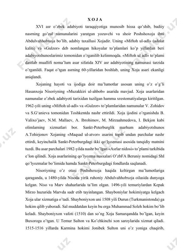 1496-yili temuriylardan kepak mirzo huzurida marvda sadr etib tayinlangan. shayboniylar hokimiyatga kelgach xoja ular xizmatiga o’tadi. shayboniyxon uni 1508 yili durun (turkmanistonda) ga hokim qilib yuboradi. sal muddatdan keyin bu erga muhammad soleh hokim bo’lib keladi. shayboniyxon vafoti (1510) dan so’ng xoja samarqandda bo’lgan, keyin buxoroga o’tgan. u temur sulton va ko’chkinchi xon saroylarida xizmat qiladi. 1515-1516 yillarda karmina hokimi jonibek sulton uni o’z yoniga chaqirib, jumlat ul-mulk mansabini bergan. keyin sadr bo’lgan. 1529-1530 yillarda buxoro, so’ng hirotda hokim bo’lgan. u ubaydulloxon huzurida shayxulislomlik mansabda bo’ladi. 1534 yili ubaydulloxon nishopurga kelganda balx hokimi bo’lgan kistan qaro sulton xojani o’ziga yuborishni iltimos qilgan va u 1543-yilgacha balxda sadri a’zam va shayxulislom bo’ladi. kistanqaro sulton ruhiy xastalanib noo’rin ishlar qila boshlagach, buxoroga qaytib kelgan. u 1547-yili buxoroda vafot etgan va xoja bahouddin naqshband maqbarasi yoniga dafn etilgan. demak, poshshoxojaning deyarlik butun umri qozilik, sadrlik, shayxulislomlik singari mansablarni bajarish bilan o’tgan. bu mansablarning …
