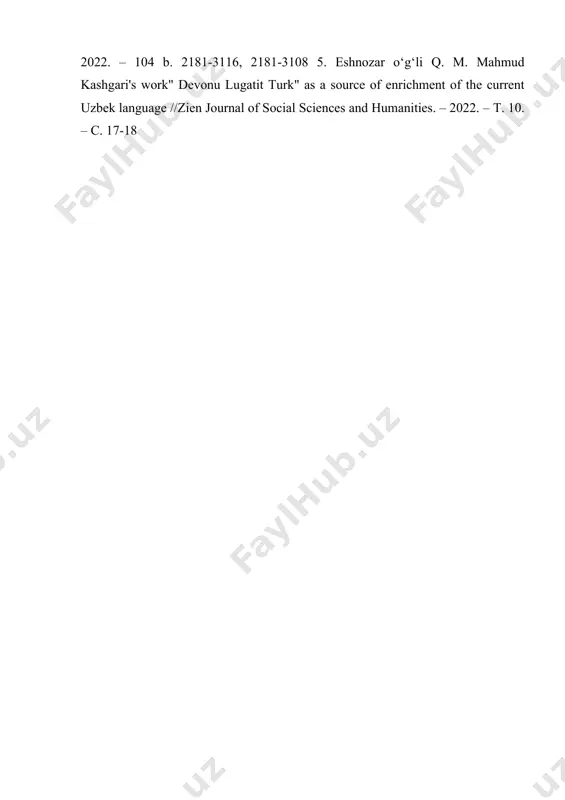 arini ifoda etishi va o'zaro munosabatlari nutq odobi orqali shakllanadi. nutq odobi nafaqat so'zlarni to'g'ri tanlash va ularni aniq ifoda etishdan iborat, balki insonning ichki dunyosi, axloqiy qadriyatlari va ijtimoiy mas'uliyatini ham o'z ichiga oladi. foydalanilgan adabiyotlar: 1. mahmudov n, odilov y, ziyodullayeva g "ona tili" 11-sinf 1-qism. toshkent, 2018. 2. xoliqov a "pedagogik mahorat". toshkent, 2011. 3. qobilov m.e, xolnazarov u. mahmud qoshg‘ariyning ‘‘devonu lug‘atit turk‘‘ asari hozirgi o‘zbek tilining o‘z qatlamini boyitish manbasi sifatida / tilshunoslikdagi zamonaviy yo‘nalishlar: muammo va yechimlar. – andijon, 2020. b. 912 4. qobilov m.e. the place of language 1 and language 2 neologisms in enrichment of uzbek lexicon // world scientific research journal, volume 6, issue-1, / august, 2022. – 104 b. 2181-3116, 2181-3108 5. eshnozar o‘g‘li q. m. mahmud kashgari's work" devonu lugatit turk" as a source of enrichment of the current uzbek language //zien journal of social sciences and humanities. – …