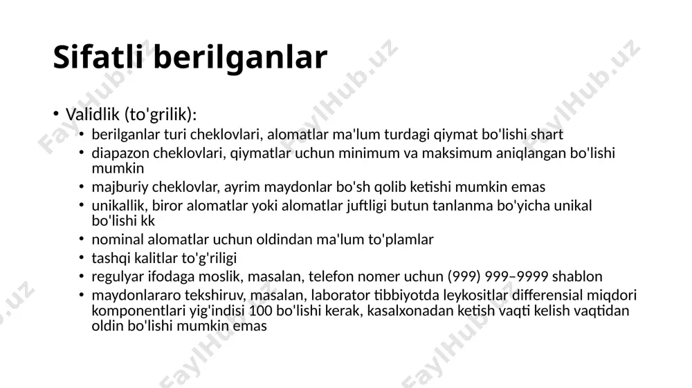 obyektlar boshqa obyetlar bilan masshtablanadi. izohlashga ta'siri: normalizatsiya mashinani o'rganish modeli natijalarini sharhlashni qiyinlashtirishi mumkin, chunki kirishlar umumiy shkalada bo'ladi, bu berilganlarning asl shkalasiga mos kelmasligi mumkin. qo'shimcha hisoblash xarajatlari: normalizatsiya berilganlarni tahlil qilish jarayoniga qo'shimcha hisoblash xarajatlarini qo'shadi, chunki berilganlarni o'lchash uchun qo'shimcha ishlov berish vaqti talab qilinadi. data transformation quyidagi qadamlarda amalga oshiriladi: berilganlarni aniqlash (data discovery) – berilganlarni strukturasini va xarakteristikalarini aniqlash, ularni qanday qayta shakllantirish kerakligini aniqlash. berilganlarni akslantirish (data mapping) – alohida maydonlarni akslantirish usuli, masalan, kategorial berilganlarni sonli ko'rinishga o'tkazish, sana maydonidan alohida kun, oy, yil maydonlarini hosil qilish. berilganlarni tekshirish (data review) – kiruvchi ma'lumotlar mosligini, to'g'riligini tekshirish. odatda ushbu qadam berilganlarndan foydalanuvchi shaxs tomonidan amalga oshiriladi, ixtiyoriy xatolar, anomalliklar dasturchiga yoki berilganlar tahlilchisiga yetkaziladi. data transformation ikki xil usulda berilganlarni akslantirish amalga oshiriladi: 1. label encoding 2. one hot encoding dimensionality reduction feature selection va feature extraction fazoni qisqartirish (dimensionality reduction) masalalari …