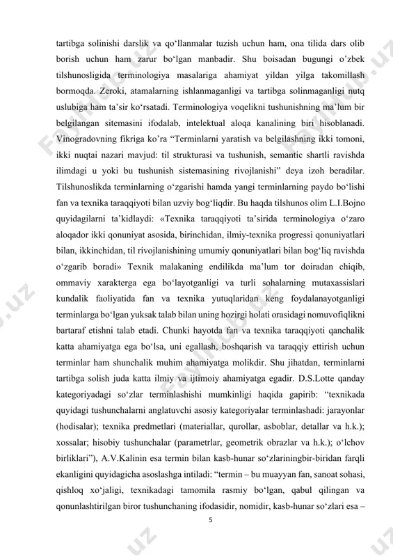 materiallar, qurollar, asboblar, detallar va h.k.); xossalar; hisobiy tushunchalar (parametrlar, geometrik obrazlar va h.k.); o‘lchov birliklari”), a.v.kalinin esa termin bilan kasb-hunar so‘zlariningbir-biridan farqli ekanligini quyidagicha asoslashga intiladi: “termin – bu muayyan fan, sanoat sohasi, qishloq xo‘jaligi, texnikadagi tamomila rasmiy bo‘lgan, qabul qilingan va qonunlashtirilgan biror tushunchaning ifodasidir, nomidir, kasb-hunar so‘zlari esa – biror kasb, mutaxassislik o‘rtasida ko‘pincha jonli tilda tarqalgan, aslini olganda, tushunchaning qat`iy, ilmiy tavsifiga ega bo‘lmagan yarim rasmiy so‘zdir” albatta, bunday o‘zgarishlar o‘zbek tilining ish ko‘rish doirasini kengaytirib, uning leksik tarkibini yangi-yangi ilmiy va texnik terminlar bilan boyitdi. aslida termin va oddiy so‘zning farqli jihatlariga e`tibor qaratmoqchi bo‘lsak, bu hodisalarga o‘sha soha bilan shug‘ullangan olimlarning fikrlariga nazar solish va shu asosda termin va oddiy so‘z oppozitsiyani hal qilish maqsadga muvofiqdir. odatda, olimlar terminlarning quyidagi belgilarini ko‘rsatadilar: 1) termin bir ma’noli yoki bir ma’noli tendensiyaga ega; 2) termin aniq, nominativ funktsiyaga ega bo‘lib, unga emotsionallik, ekspressivlik, modallik funktsiyalari xos …