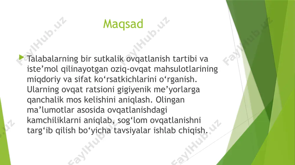 ddiy, tez tayyorlanadigan, ammo foydali ovqat retseptlari o‘rgatilsa, ular ko‘proq uyda tayyor ovqat iste’mol qilishga moyil bo‘ladilar. xulosa xulosa sifatida aytish mumkinki, talabalarning sutkalik taomnomasi – bu faqatgina ovqatlanish masalasi emas, balki ularning sog‘ligi, bilim olish sifati va kelajakdagi hayot tarzi uchun muhim omillardandir. o‘tkazilgan tadqiqotlar va tahlillar, talabalarning ko‘pchiligida ovqatlanish tartibi va mahsulot sifati bilan bog‘liq muammolar mavjudligini ko‘rsatdi. foydalanilgan adabiyotlar 1. soliyeva z.n., xolbekova m.t. – “sog‘lom ovqatlanish asoslari”. 2. o‘zbekiston respublikasi sog‘liqni saqlash vazirligi – “sog‘lom ovqatlanish bo‘yicha tavsiyalar” 3. ravshanova d.r. – “ovqatlanish gigiyenasi va ratsional taomnomalar”. 4. sanpin sanitariya qoidalari va normalari image1.jpeg image2.jpeg image3.jpeg image4.jpeg image5.jpeg image6.jpeg image7.jpeg image8.jpeg /docprops/thumbnail.jpeg