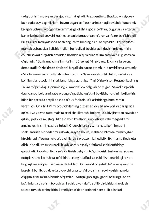 n bir qatorda orqali boshqa o‘quv fanlarini o‘zlashtirishga ham zamin yaratiladi. ona tili ta’limi o‘quvchilarning o‘zbek adabiy tili me’yorlari darajasida og’zaki va yozma nutq malakalarini shakllatirish, imlo va uslubiy jihatdan savodxon qilish, ijodiy va mustaqil fikrlash ko‘nikmalarini rivojlatirish kabi maqsadlarni amalga oshirishni nazarda tutadi. o‘quvchilarda yozma nutq ko‘nikmasini shakllantirish bir qadar murakkab jarayon bo‘lib, maktab ta’limida muhim jihat hisoblanadi. yozma nutq o‘quvchilarda savodxonlik, ijodiylik, fikrni aniq ifoda eta olish, qisqalik va tushunarlilik kabi asosiy asosiy sifatlarni shakllantirishga qaratiladi. savodxonlikda so‘z va tinish belgisini to‘g’ri yozish tushunilsa, yozma nutqda so‘zni ko‘rish va ko‘chirish, uning talaffuzi va eshitilishi orasidagi o‘zaro bog’liqlikni aniqlay olish nazarda tutiladi. xat-savod o‘rgatish ta’limning muhim bosqichi bo‘lib, bu davrda o‘quvchilarga to‘g’ri o‘qish, chiroyli yozish hamda o‘qiganlarini so‘zlab berish o‘rgatiladi. nutqni gaplarga, gapni so‘zlarga, so‘zni bo‘g’inlarga ajratish, tovushlarni eshitib va talaffuz qilib bir-biridan farqlash, so‘zda tovushlarning birin-ketinligiga e’tibor berishni ham bilib olishlari ta’minlanadi. o‘quvchilarning og’zaki nutqini rivojlantirish ishlari ham …