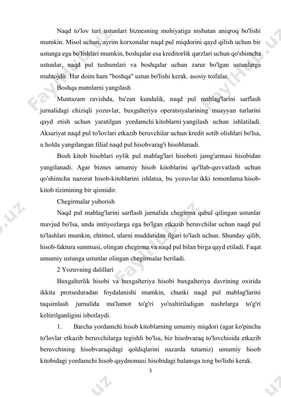 tamoyillari: 1) ular mijozlarga mablag‘larni saqlash va o‘tkazish uchun ochiladigan bank hisobvaraqlari bo'yicha amalga oshiriladi; 2) hisobvaraqlardan to'lovlar banklar tomonidan hisobvaraqlar egalarining farmoyishi bo'yicha to‘lovlarning ular belgilagan navbatliligi tartibida va hisobvaraqdagi mablaglarning qoldig‘i doirasida amalga oshirilishi lozim; 3) banklar mijozlarning shartnomali munosabatlariga aralash- maydi; 4) tomovning shartnomalarda, moliya vazirligi yo'riqnomalarida nazarda tutilgan muddatlar asosidagi muddatliligi; 5) tomovning ta’minlanganligi, to‘lovchida (yoki uning kafilida) pullarni oluvchi oididagi majburiyatlarni uzish uchun qomlanilishi mumkin likvidli mablagmarning mavjudligi. shunday qilib, naqd pulsiz aylanish tomovning ushbu tamoyillari va shartlarining bajarilishini nazarda tutadi. iste’molchilar bilan sotuvchilar o‘rtasida naqd pulsiz hisob-kitobning amal qilishiga ehtiyojning oshib borayotganligini qayd qilish kerak. bu tovar aylanishi jarayonida tobora ko'proq qoilanilayotgan naqd pulsiz hisob-kitob shakllarining qulayligitii nisbatan xavfsizligi bilan bog‘liqdir. yana shunga ham e’tiborni qaratish kerakki, naqd pulsiz aylanishning o'zida ham ayrim o'zgarishlar yuz berdi va hozirgi vaqtda u nafaqat bank mijozlarining hisobvaraqlari bo'yicha yozuvlardan, shu bilan birga bankning kompyuterdagi ma’lumotlar bazasida u …