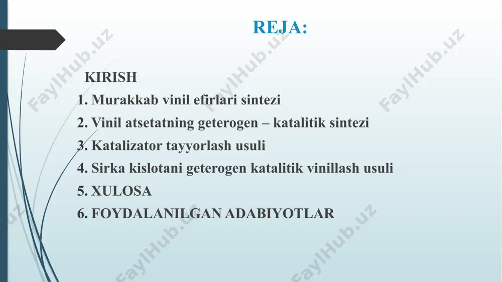 on va dikarbon kislotalar, ularning hosilalarining murakkab efirlarini olishda qo‘llaniladi. vinil efirlarning unumi atsetillovchi agent va ishlatilayotgan asos tabiatiga bog‘liq. atsetilxlorid yoki sirka angidridi, uchlamchi organik asos, masalan, piridin, xinolin yoki dimetilanilin muhitida sirka aldegidiga ta’sir ettirib ham vinil atsetat olish mumkin. sanoat miqyosida va labaratoriyada vinilatsetat olishning yagona usuli sirka kislotasini atsetilen bilan vinillash. dastlab bu reaksiyani simob sulfat ishtirokida etilendiatsetat sintezida qo‘llanilgan. bunda vinilatsetat qo‘shimcha mahsulot sifatida ajratib olingan. polivinilatsetatning ajoyib xususiyatlari, undan olinadigan polivinil spirt va uning hosilalari ma’lum bo‘lganidan so‘ng bu reaksiya qaytadan o‘rganildi va vinilatsetat unumi deyarli nazariy qiymatga yetkazildi. sirka kislotasining atsetilen bilan reaksiyasi ikkala bosqichda ham atsetilenni faollashtiruvchi katalizator qo‘llanishini talab qiladi. lekin yuqori bosimda reaksiya katalizatorsiz ham vinilatsetat hosil bo‘lishi bilan boradi. karbon kislotalarning vinil efirlari turli sohalarda keng miqyosda ishlatiladi. ayniqsa ular asosida olingan polimerlar yuqori sifatli selin sifatida, materiallar sirtini qoplovchi vositalar sifatida , fungitsitlik va bakterisitlik xossasigi yega bo‘lgan …