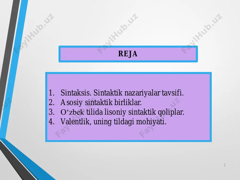 aks etgan obyektiv reallik elementlarini, ya’ni propozitsiyaning sintaktik qurilmalar orqali qanday ifodalanishini o‘rganadi. boshqacha aytganda, mazmuniy sintaksis qurilmalarning propozitsiya tomoniga e’tibor qaratadi. pragmatika pragmatika sintaktik birliklarni nutq vaziyati va kontekst bilan bog‘liqlikda o‘rganadi. shuning uchun ham sintaktik qurilma ifodalagan propozitsiyaning so‘zlashuvchilarga tushunarli bo‘lishi uchun nutq vaziyati yoki kontekst zarur bo‘lgan joyida pragmatikaga ehtiyoj ortadi. asosiy sintaktik birliklar ◼so‘z birikmasi ◼gap matn lisoniy va nutqiy birliklar lisoniy sintaktik birliklar esa so‘z birikmasi va gap hosil qilish qoliplaridir. bu birliklar lisoniy sathga tegishli bo‘lganligi uchun lisoniy sintaktik qolip (qisqacha lsq) lar deb ataladi. nutqiy sintaktik birliklar sifatida nutqda qo‘llaniladigan, sezgi a‘zolariga ta‘sir qiladigan o‘qish, yozish, aytish, eshitish mumkin bo‘lgan so‘z birikmalari va gaplar tushuniladi. lsqlar ham g‘isht qoliplariga o‘xshaydi. inson ongida ham so‘zlash, nutqni shakllantirish maqsadida leksemalarni so‘z birikmalari shakliga keltirish, gap hosil qilish qoliplari mavjud. ular lsqlar, modellar, konstruksiyalar, qurilmalar tarzida nomlansa-da, aslida, bir tushunchani ifodalaydi. masalan, kitobni o‘qimoq kabi cheksiz …
