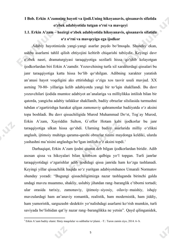 , goho asabbozlik bоʻladi. norboyev ishidan, kasbidan nolimaydi, lekin, ajab, qachon qisinsa, dunyo kоʻziga tor kоʻrinsa, qishlogʻi, soy bоʻyi esiga tushaveradi. “terakzor soy burilgan joydagi jarlikka kelib tugaydi. jarlik qirrasida ildizlari ochilib soygacha tushgan bir tup tugʻdona suvga egilib turibdi. pastda buloq, tubida patak ildiz bosgan mayda chagʻir tosh. buloq tegrasini silliq kоʻkish xarsanglar qurshagan. chashma suvi doim muzday, xarsanglar esa iliq bоʻlardi. u shoshilmay yechinib, buloq suviga tikilganicha xarsang ustida uzoq оʻtirardi”. buloq bоʻyi… norboyev qayerda bоʻlmasin, qanday kayfiyatda yurmasin, buloq bоʻyi, mayda chagʻir toshlar, kоʻkish xarsanglar yodiga tushadi, ularni qоʻmsaydi. dastlabki hikoyalaridayoq erkin a’zam hayotni, kishilarni sirtdan emas, ich-ichidan tasvirlash, kоʻrsatishga intiladi. yosh yozuvchi asarlarida matnning kuchliligi diqqatni tortadi. “atoyining tugʻilgan yili” qissasi erkin a’zamni keng kitobxonlar davrasiga оʻziga xos yozuvchi sifatida olib kirdi. qissa lirik ruhi, izchil realizmi, pishiq-puxta xarakterlari bilangina emas, hayotga, kishilarga, voqea-hodisalarga tanqidiy nigohi bilan diqqatni jalb etdi. qissa qahramoni – barno, ra’no, nazira, …